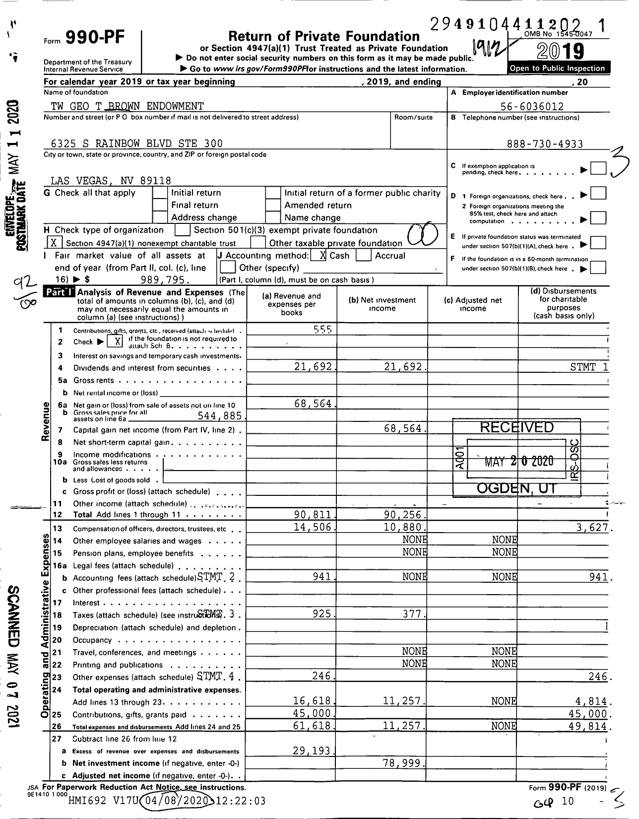 Image of first page of 2019 Form 990PF for TW Geo T Brown Endowment