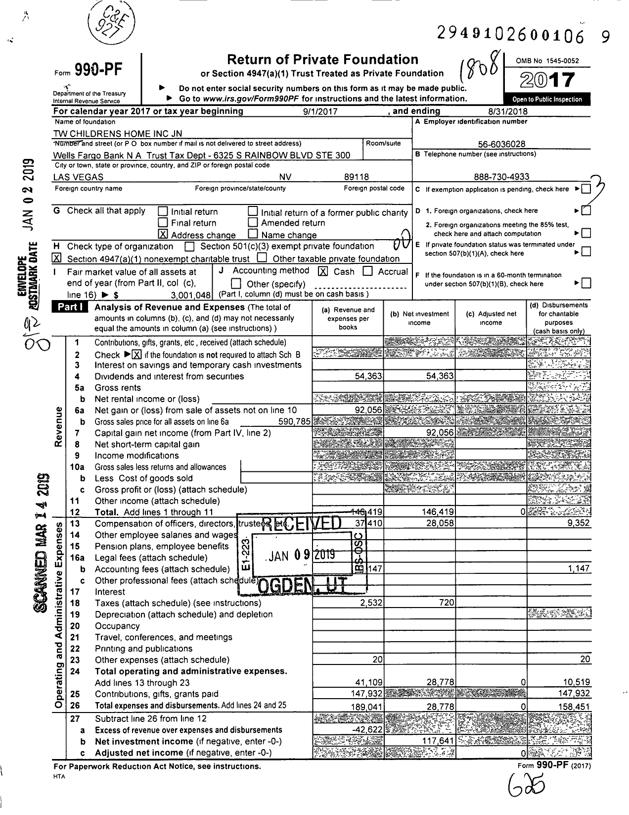 Image of first page of 2017 Form 990PF for TW Childrens Home JN