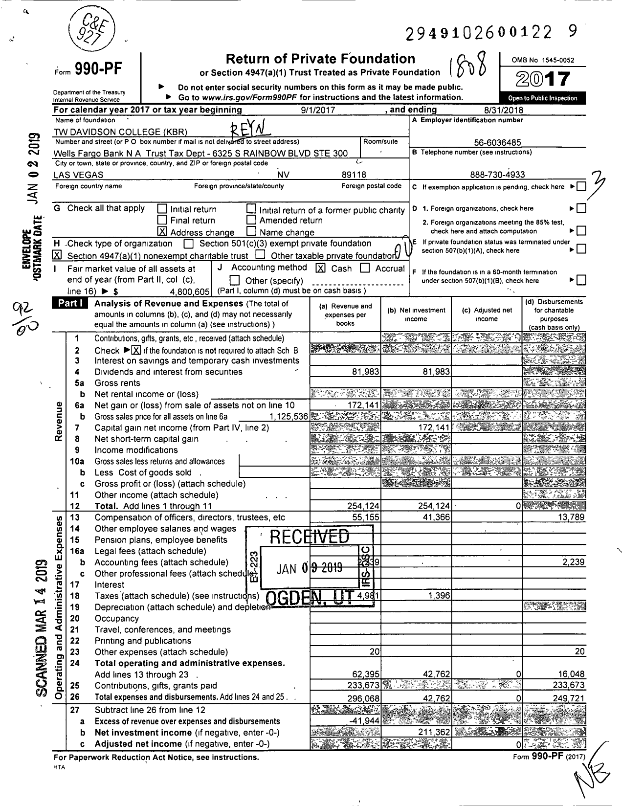 Image of first page of 2017 Form 990PF for TW Davidson College KBR 1013001298