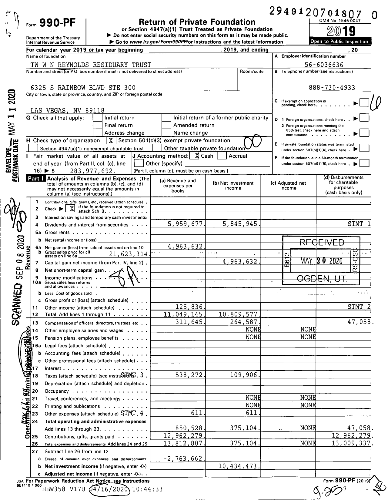 Image of first page of 2019 Form 990PR for William Neal Reynolds Residuary Trust DTD