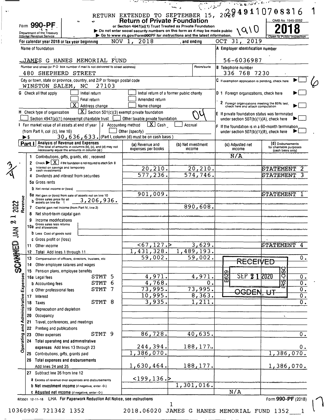 Image of first page of 2018 Form 990PF for James G Hanes Memorial Fund