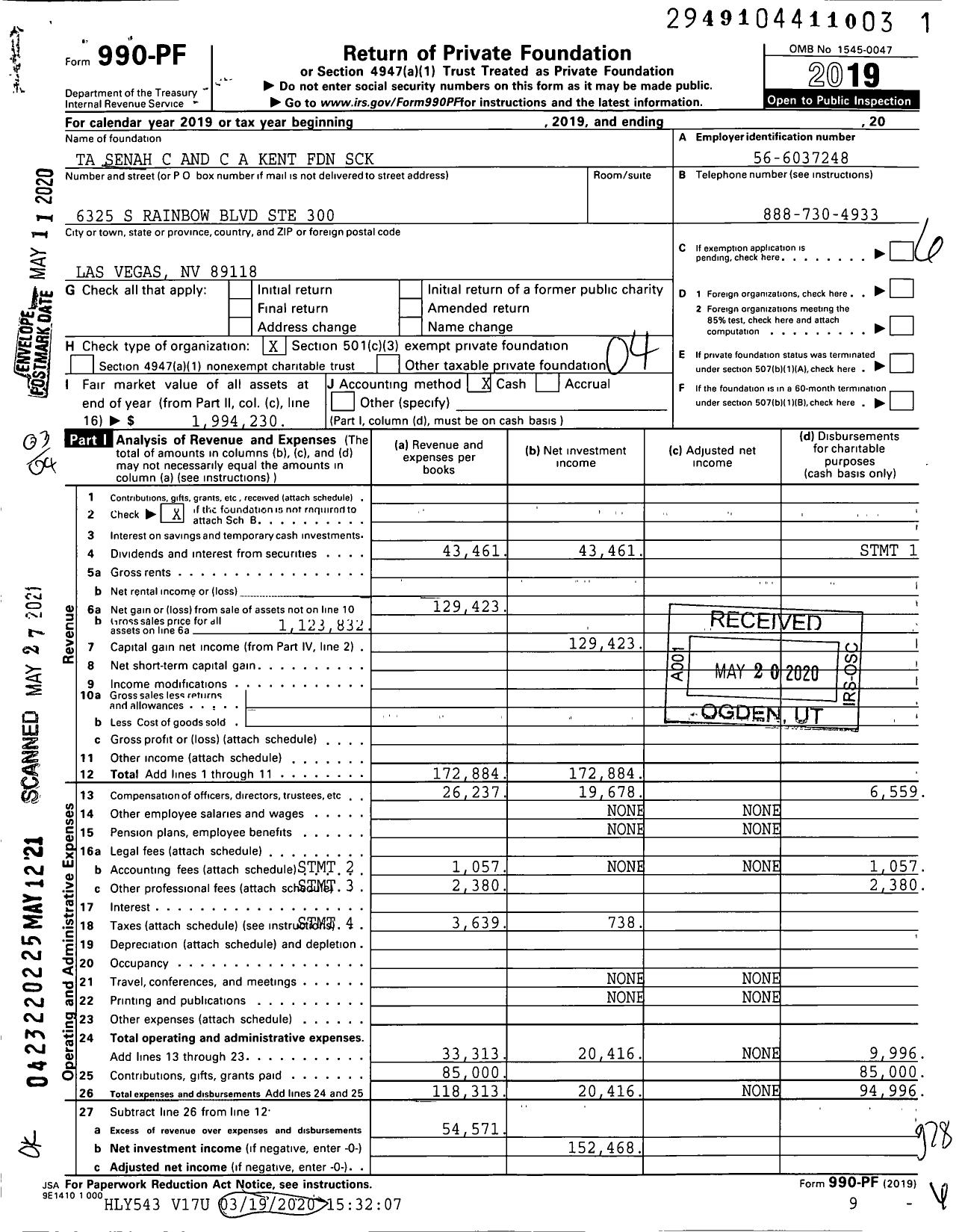 Image of first page of 2019 Form 990PF for Ta Senah C and C A Kent Foundation SCK