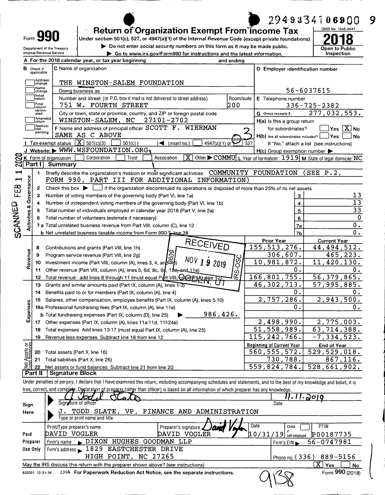 Image of first page of 2018 Form 990 for The Winston-Salem Foundation