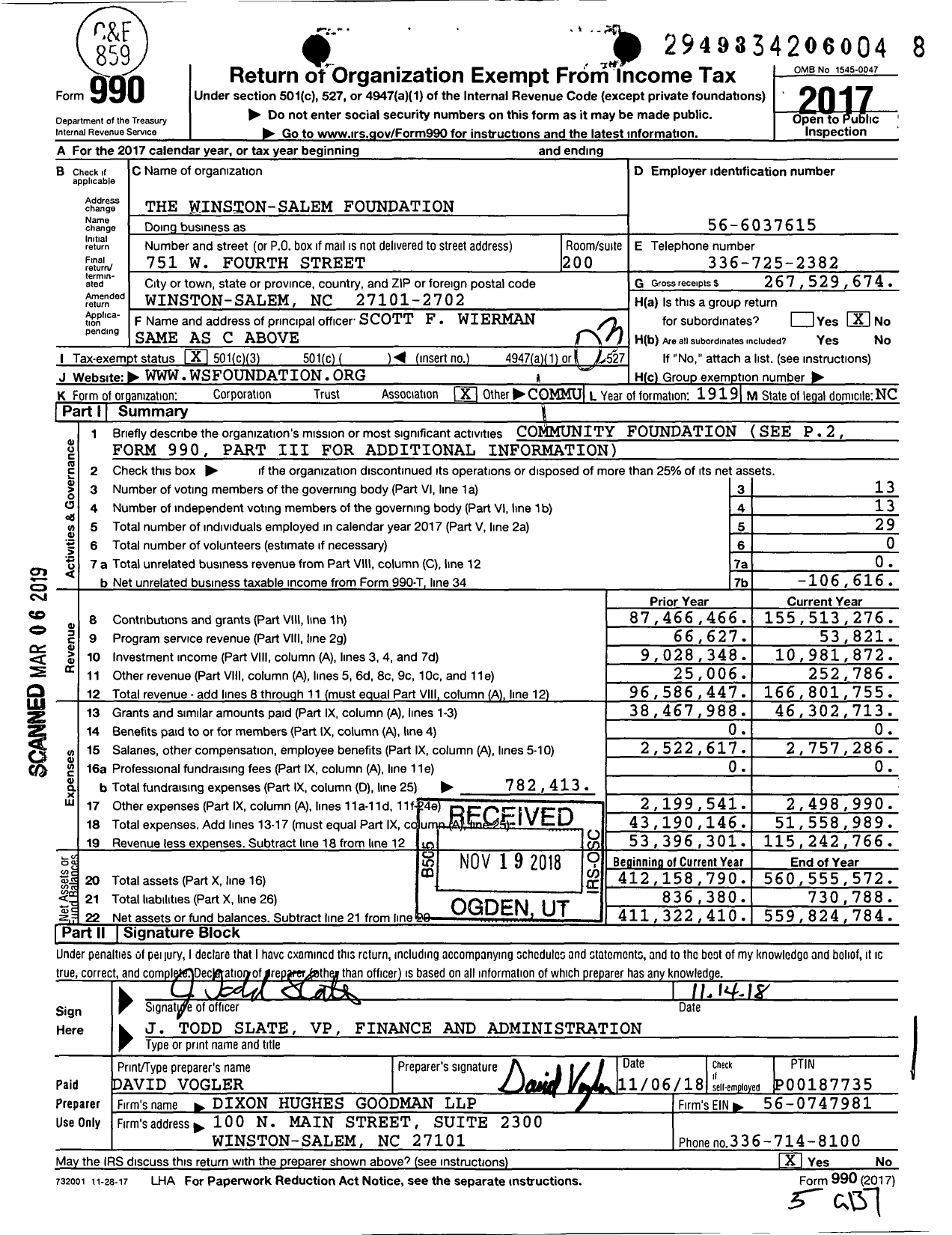 Image of first page of 2017 Form 990 for The Winston-Salem Foundation