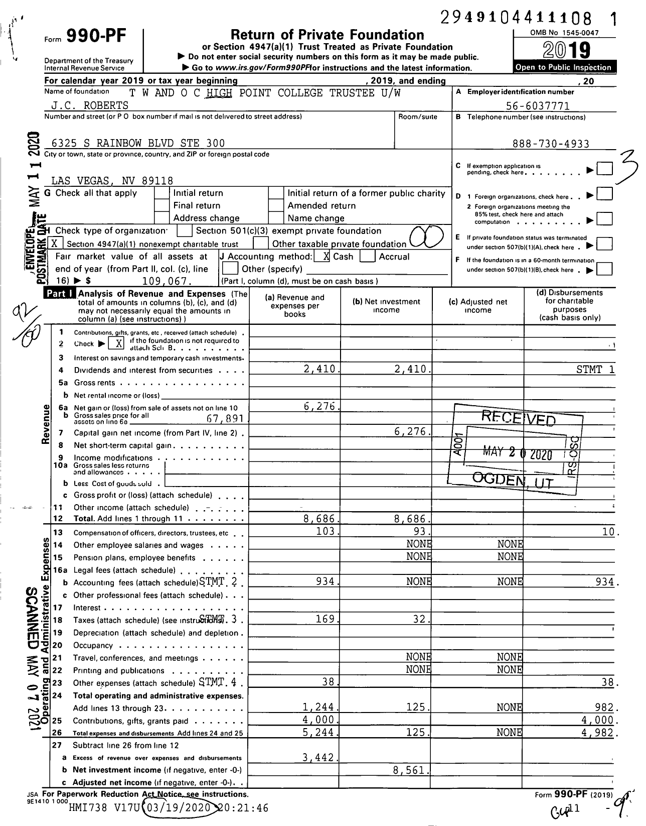 Image of first page of 2019 Form 990PF for T W and O C High Point College Trustee Uw