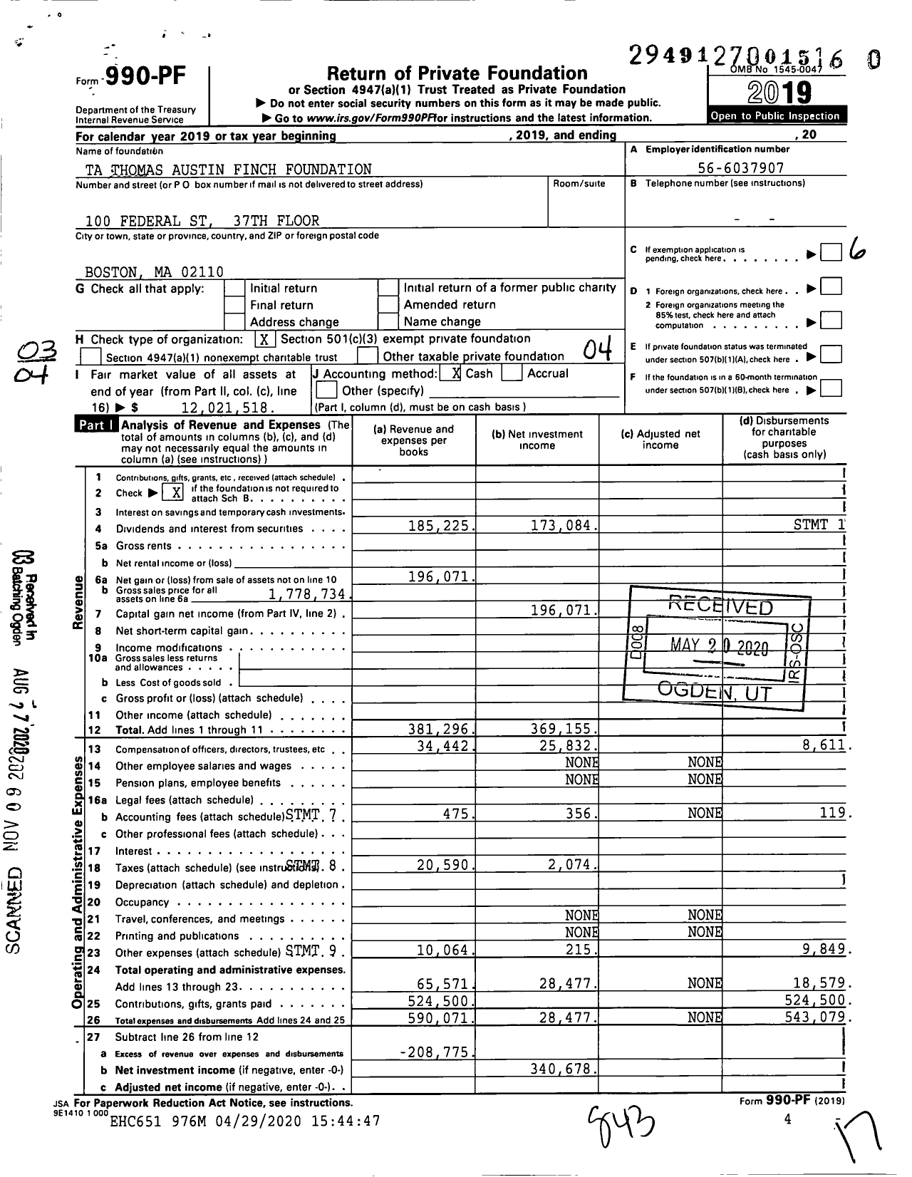 Image of first page of 2019 Form 990PF for Ta Thomas Austin Finch Foundation