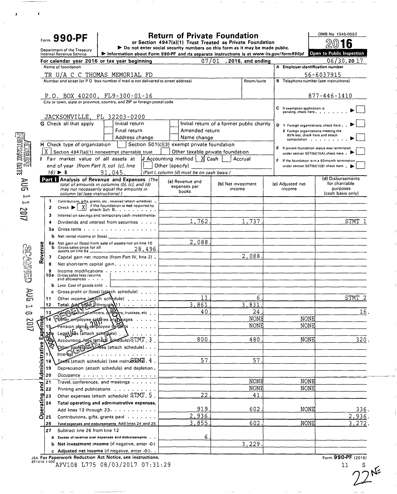 Image of first page of 2016 Form 990PF for TR C C Thomas Memorial Fund