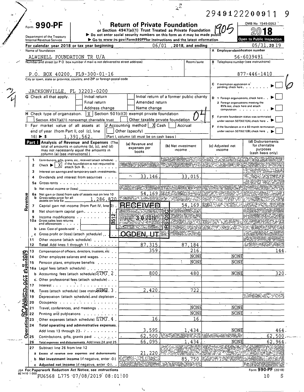 Image of first page of 2018 Form 990PF for Alwinell Foundation Trust