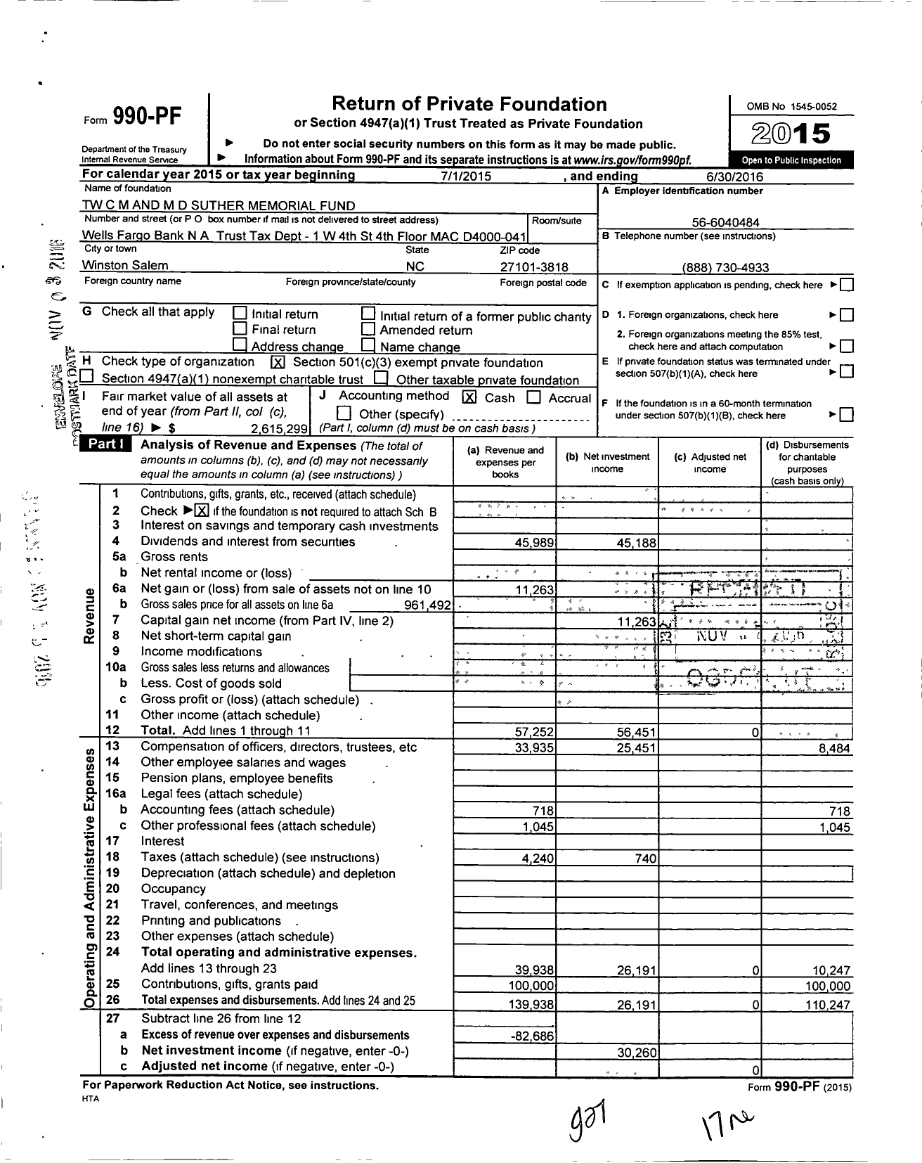 Image of first page of 2015 Form 990PF for TW C M and M D Suther Memorial Fund