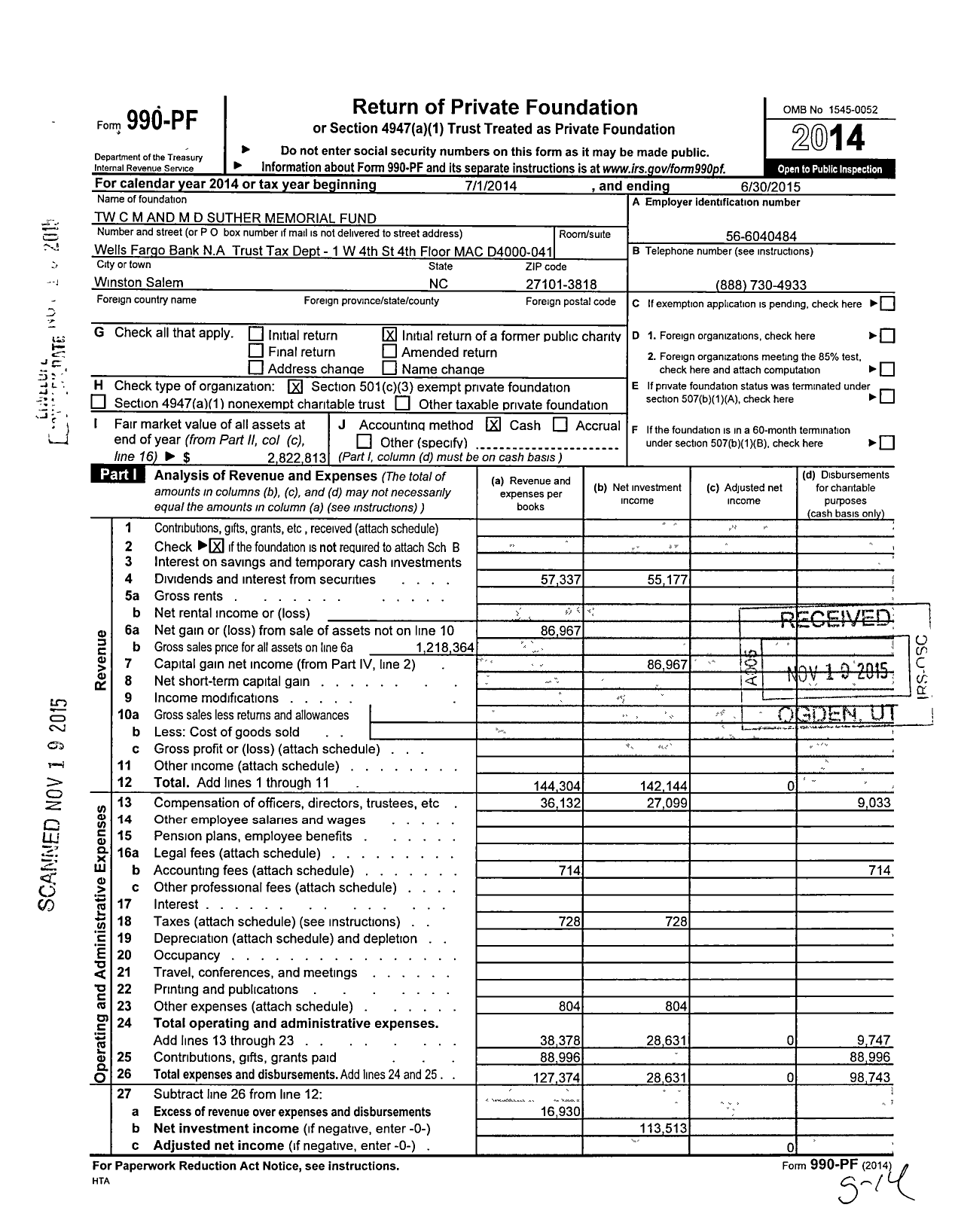 Image of first page of 2014 Form 990PF for TW C M and M D Suther Memorial Fund