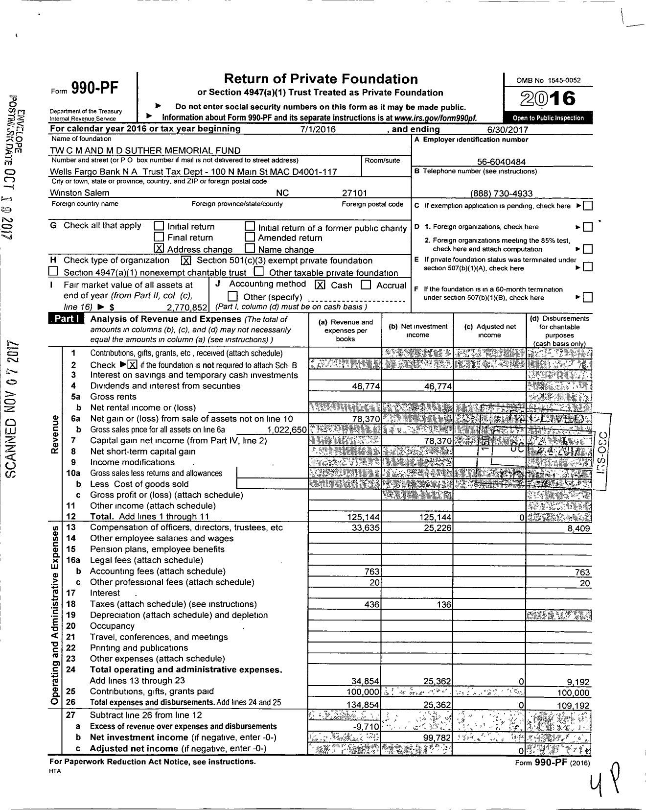 Image of first page of 2016 Form 990PF for TW C M and M D Suther Memorial Fund