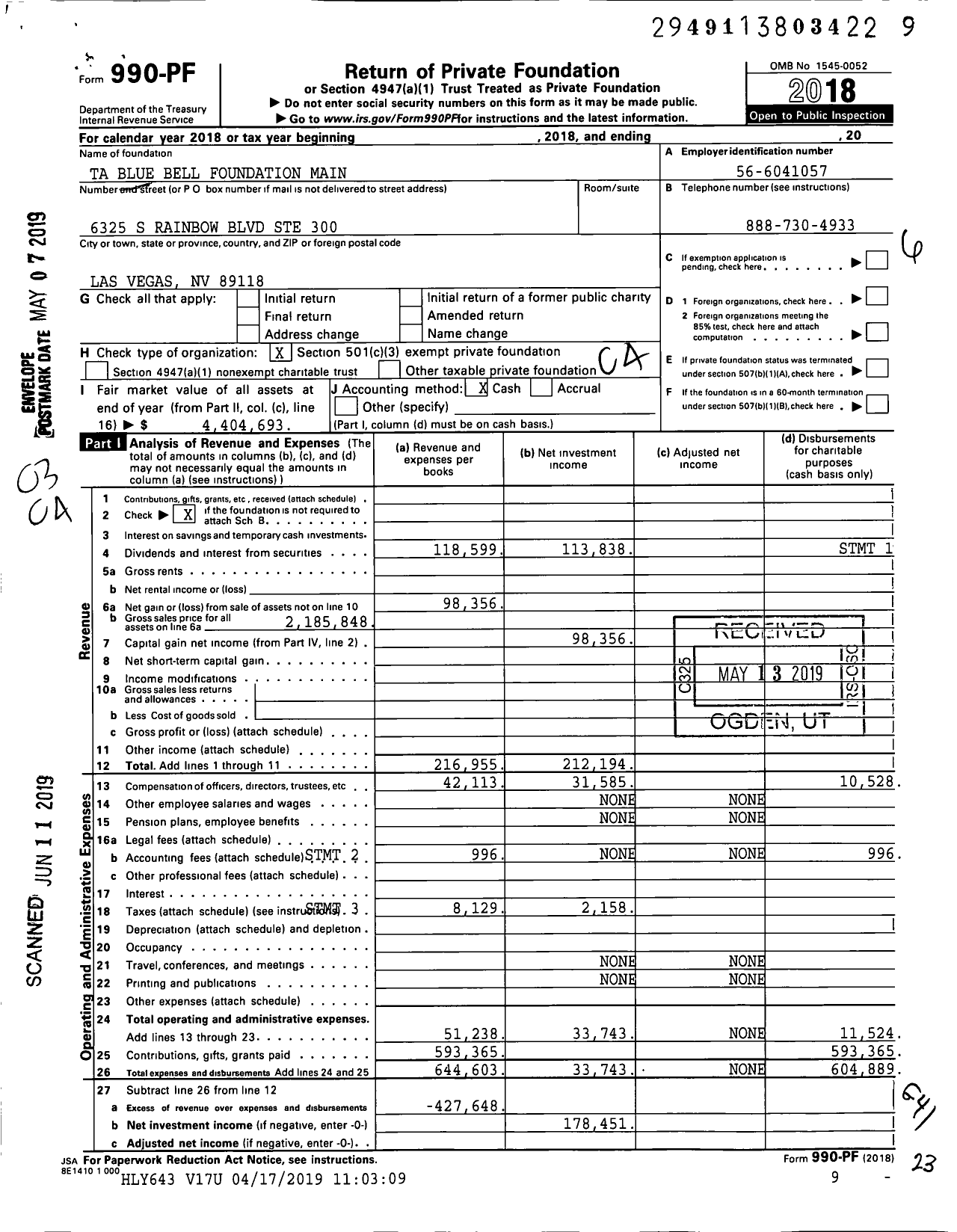 Image of first page of 2018 Form 990PF for Ta Blue Bell Foundation Main