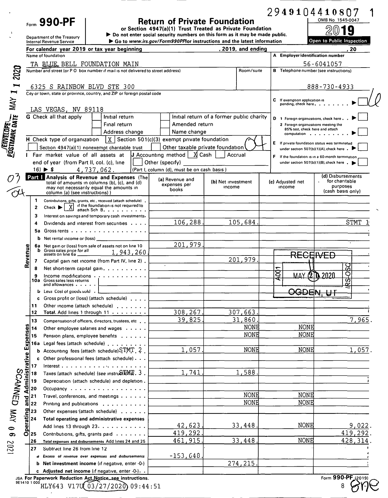 Image of first page of 2019 Form 990PF for Ta Blue Bell Foundation Main