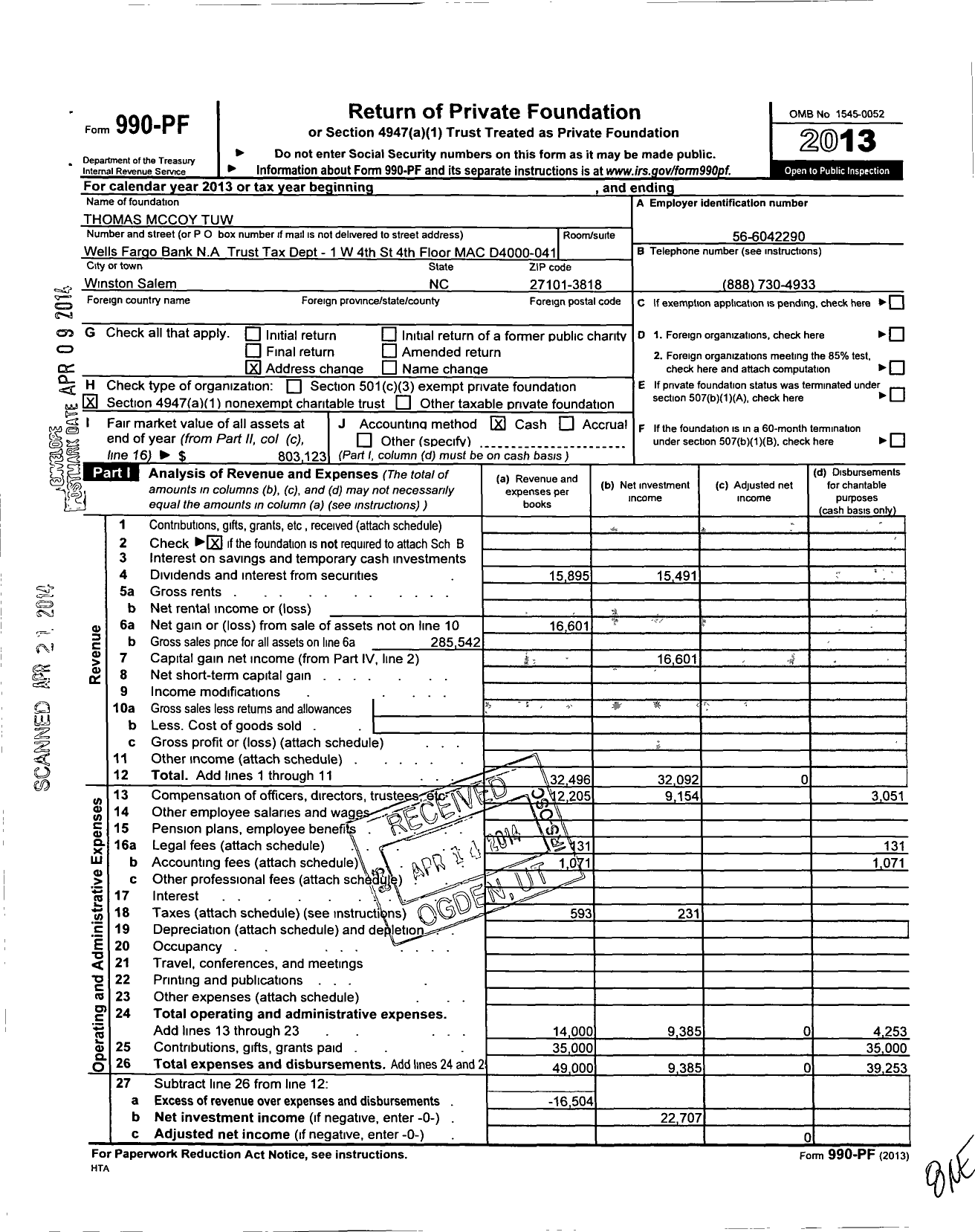 Image of first page of 2013 Form 990PF for Thomas Mccoy Tuw