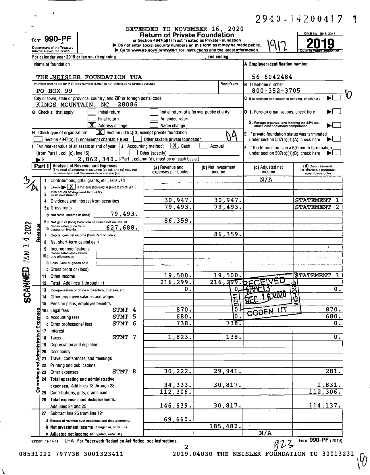 Image of first page of 2019 Form 990PF for The Neisler Foundation TUA