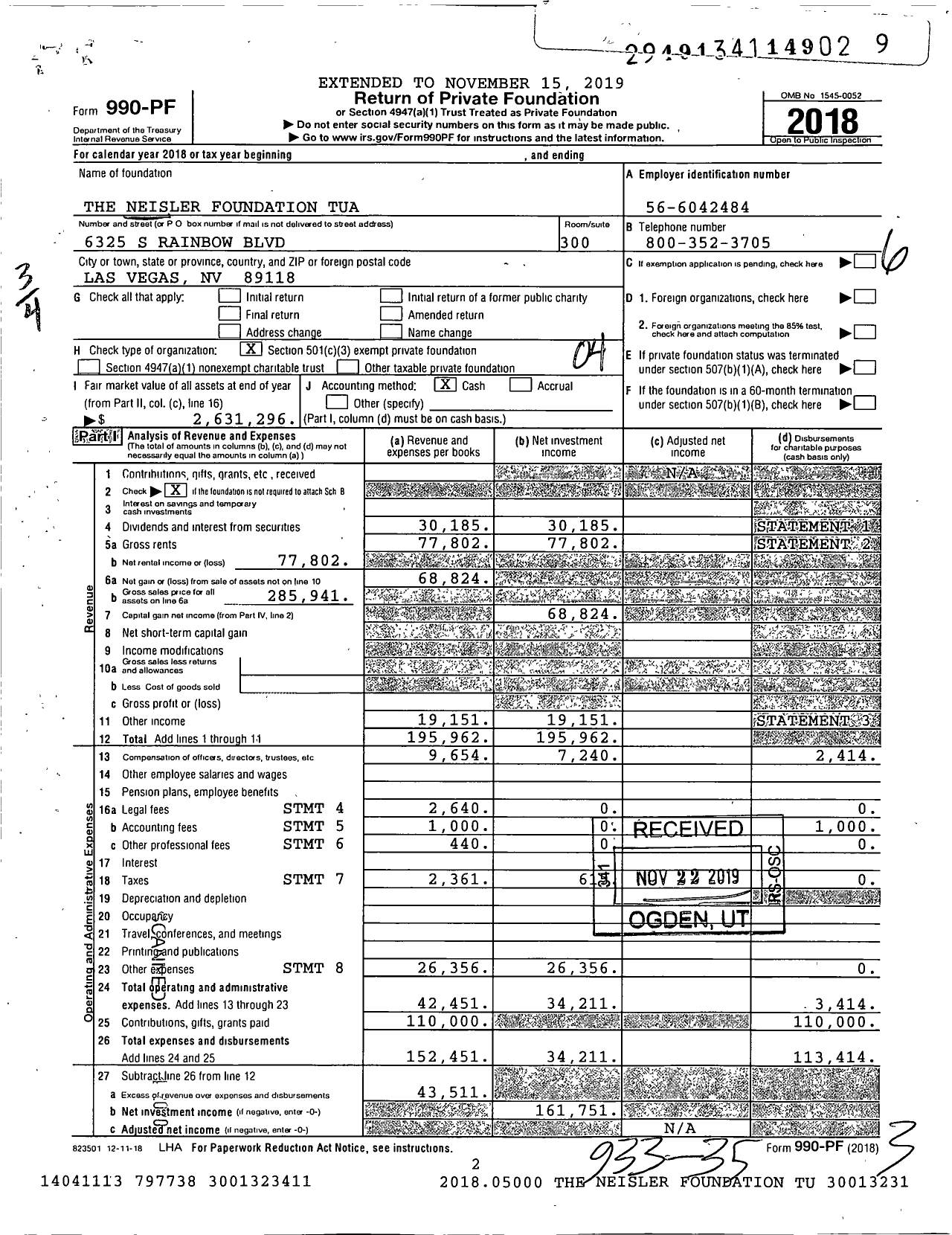 Image of first page of 2018 Form 990PF for The Neisler Foundation TUA