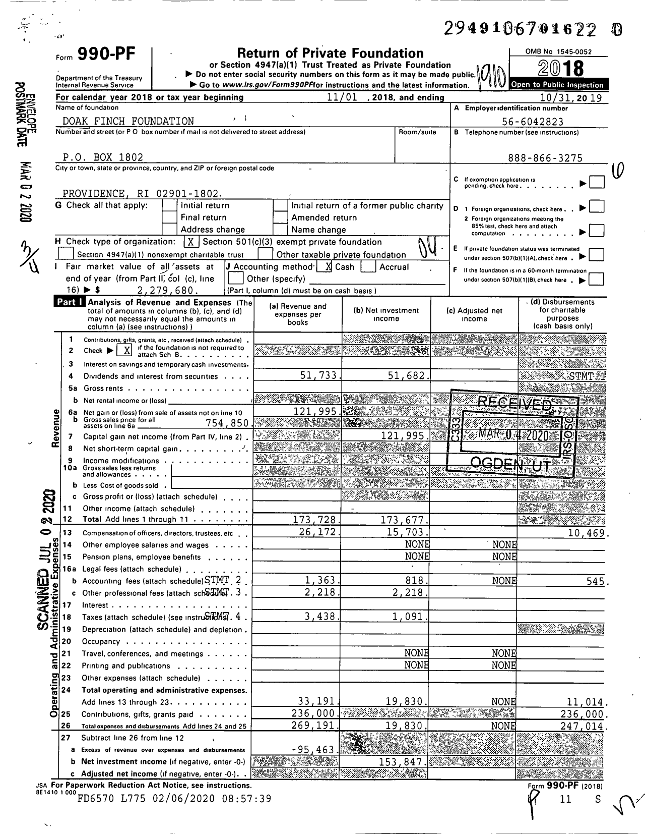 Image of first page of 2018 Form 990PR for Doak Finch Foundation