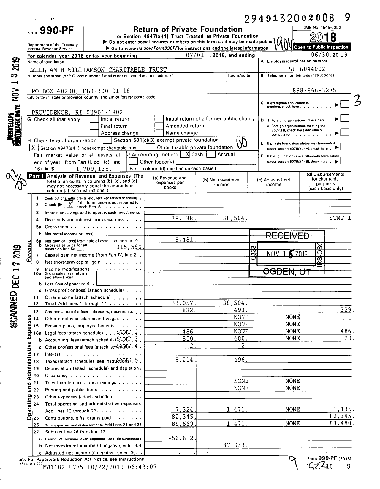 Image of first page of 2018 Form 990PF for William H Williamson Charitable Trust