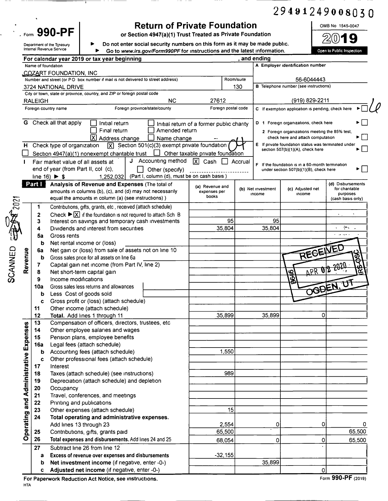 Image of first page of 2019 Form 990PF for Cozart Foundation