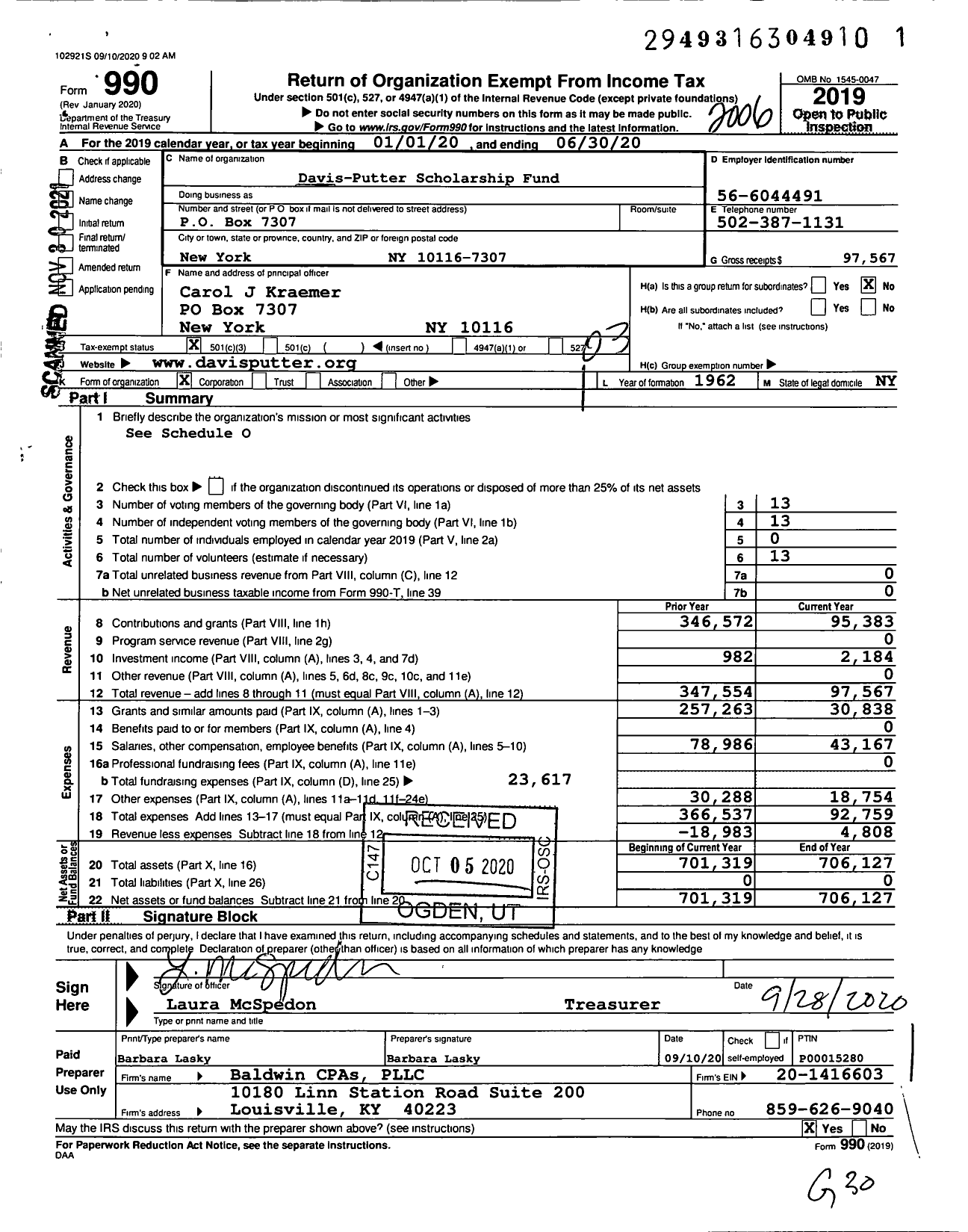 Image of first page of 2019 Form 990 for Davis-Putter Scholarship Fund