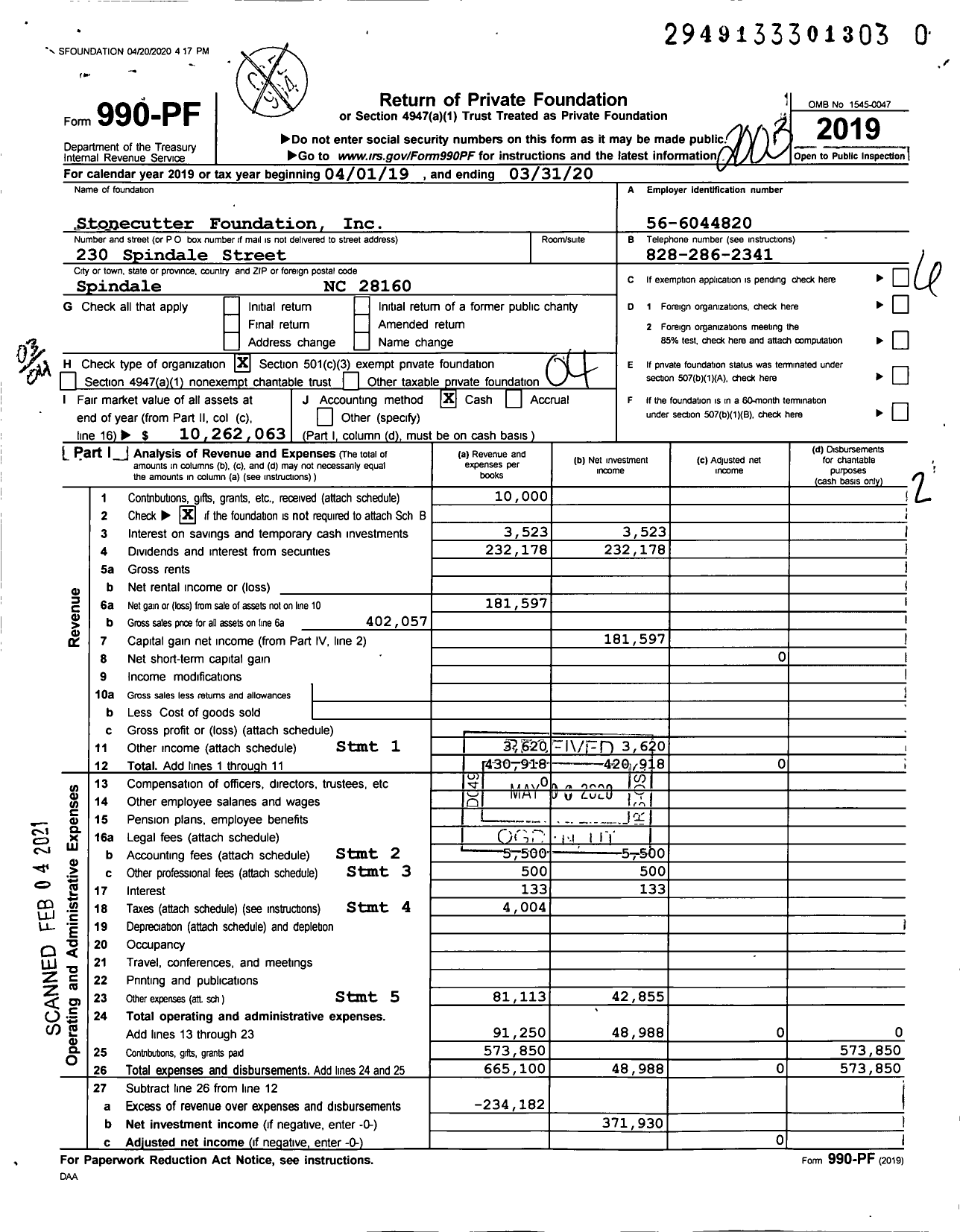 Image of first page of 2019 Form 990PF for Stonecutter Foundation