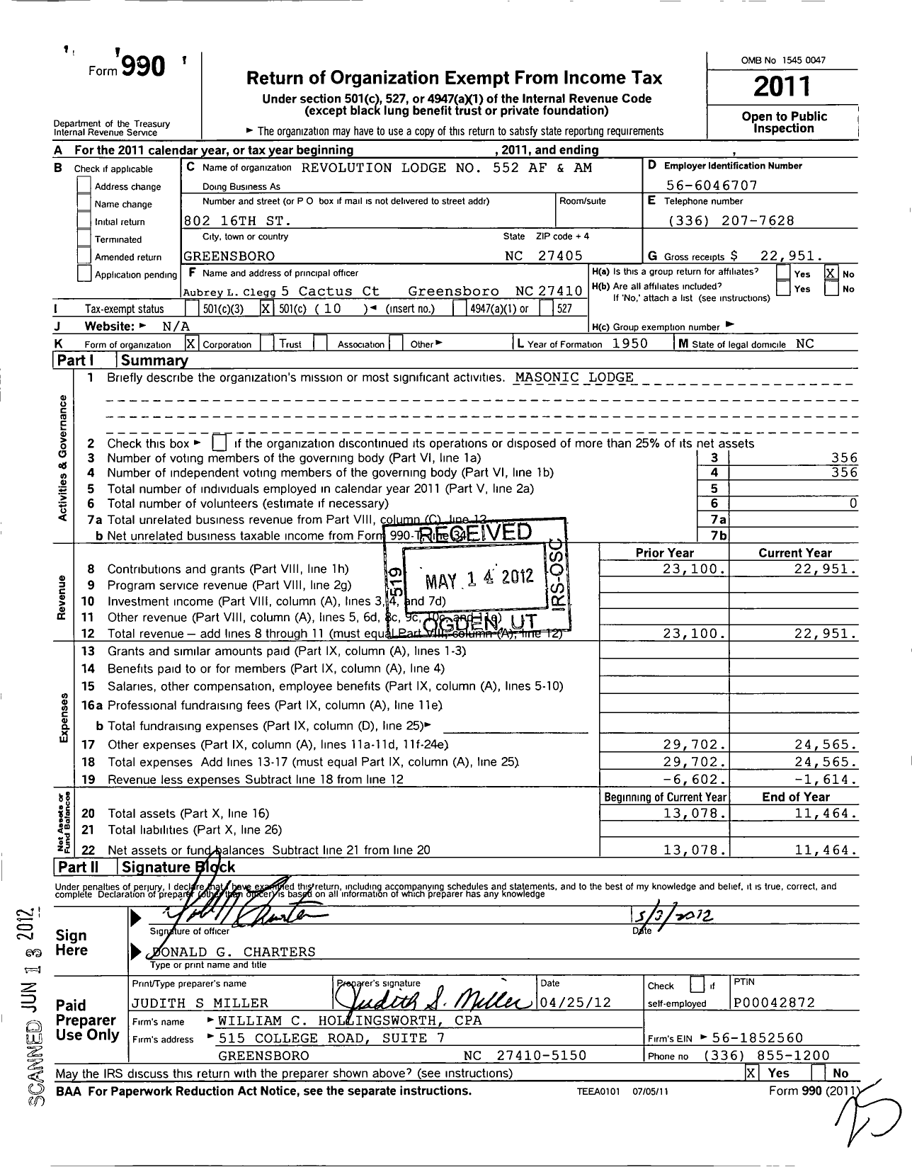 Image of first page of 2011 Form 990O for Ancient Free and Accepted Masons of North Carolina - 552 Revolution Lodge