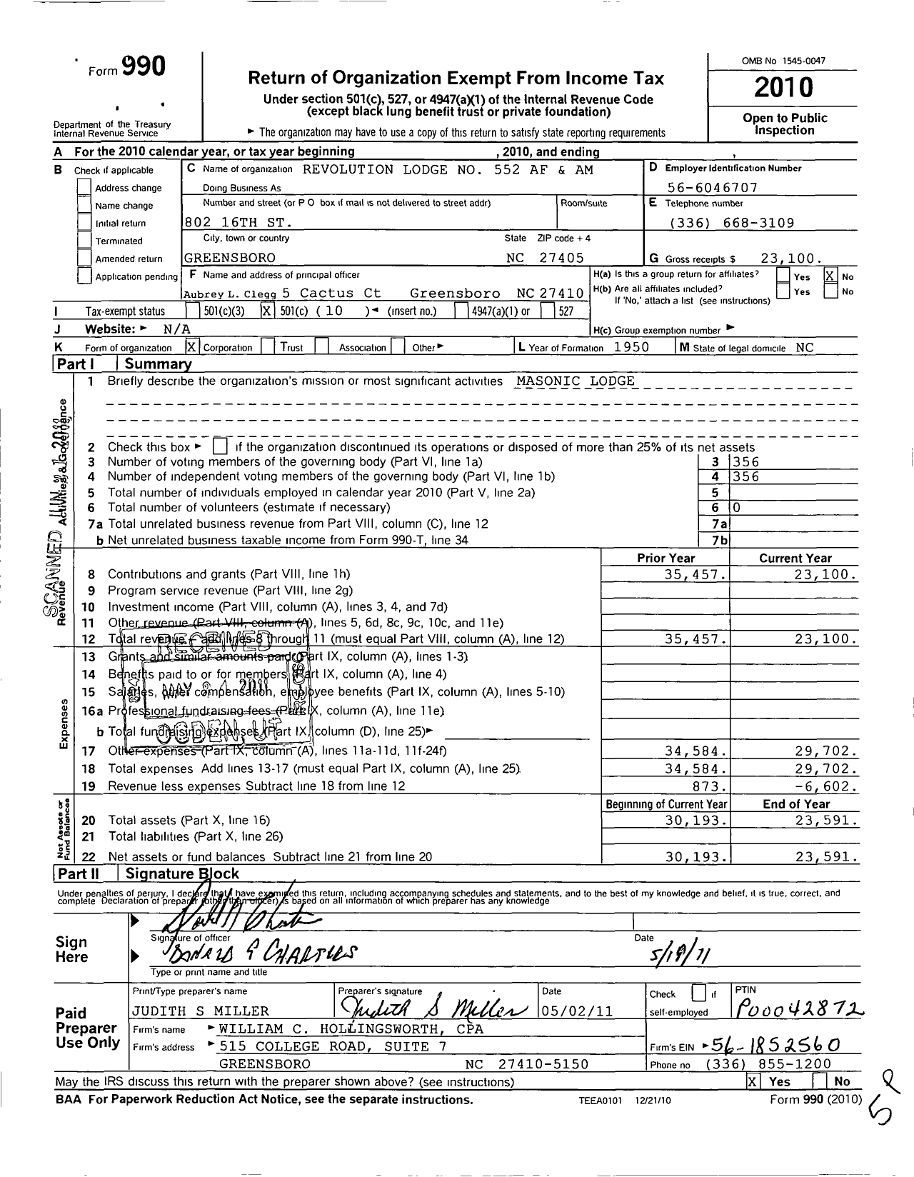 Image of first page of 2010 Form 990O for Ancient Free and Accepted Masons of North Carolina - 552 Revolution Lodge