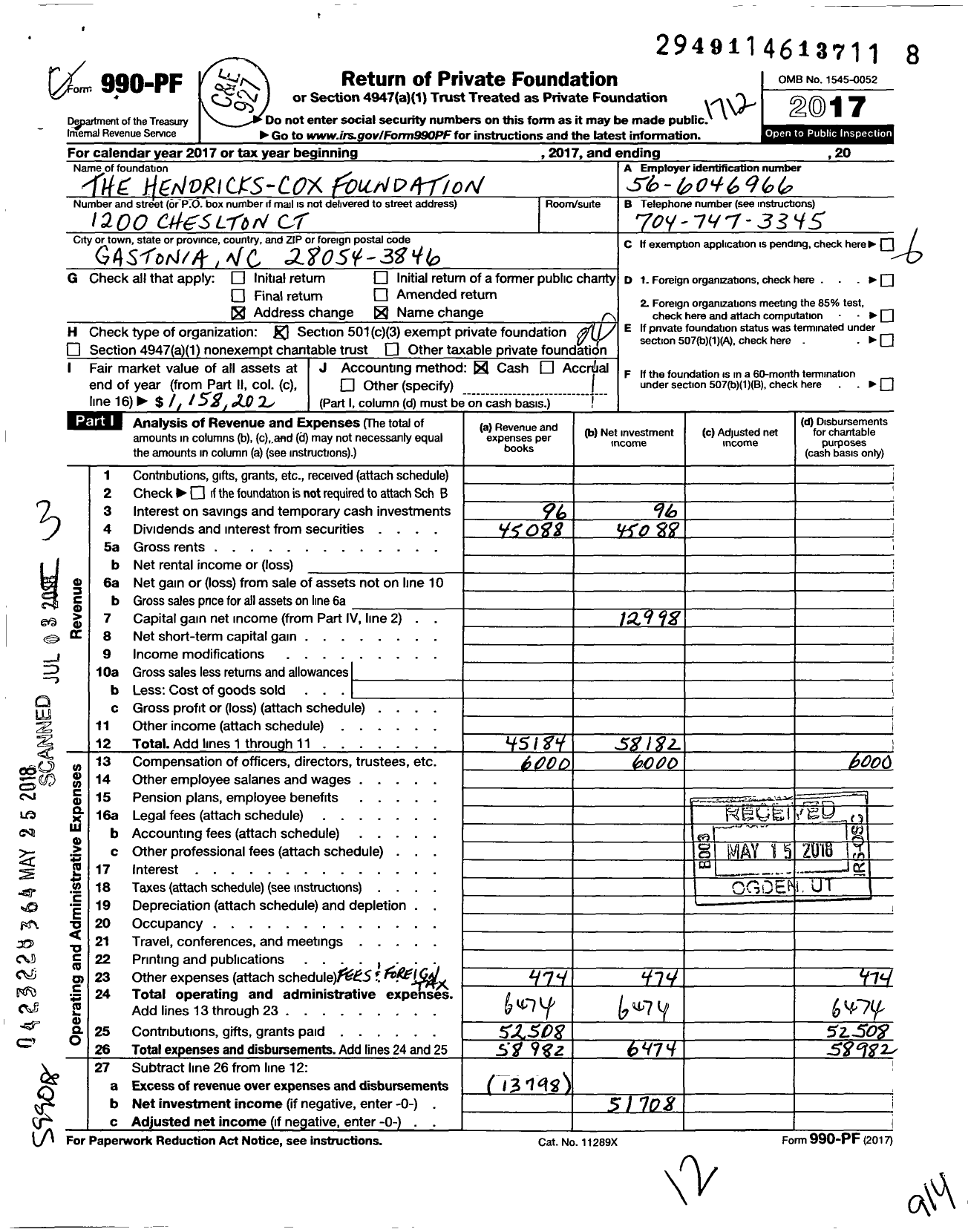 Image of first page of 2017 Form 990PF for The Hendricks-Cox Foundation