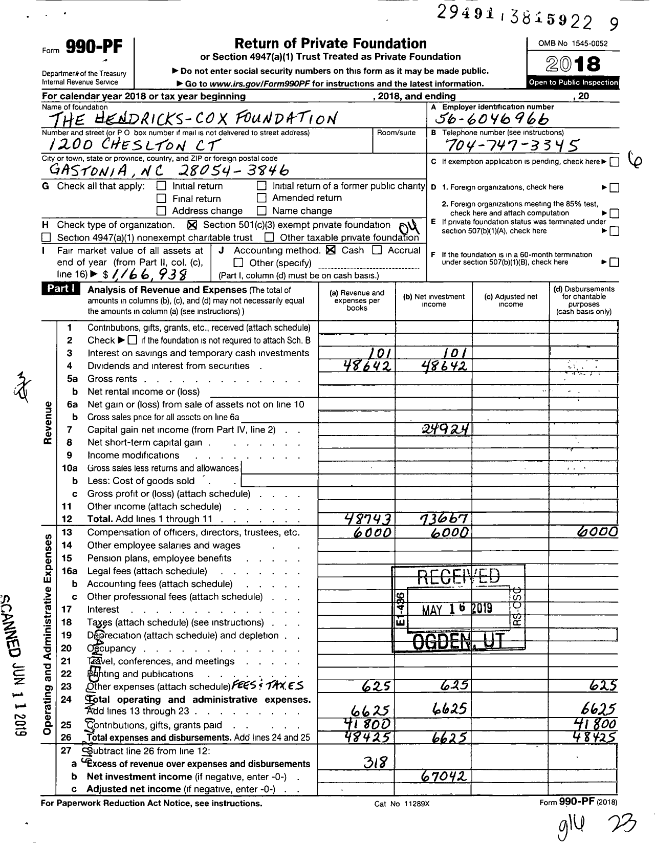 Image of first page of 2018 Form 990PF for The Hendricks-Cox Foundation