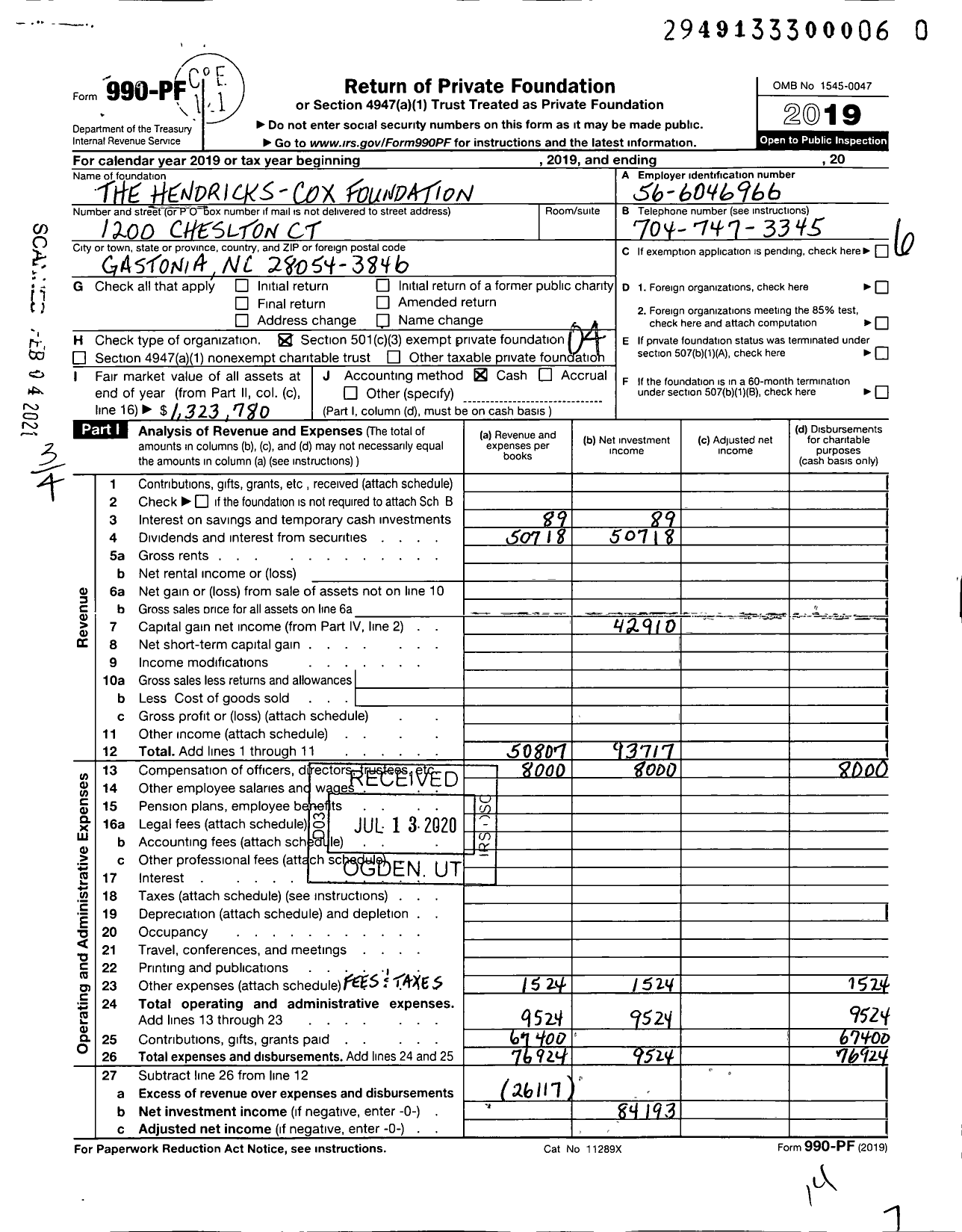 Image of first page of 2019 Form 990PF for The Hendricks-Cox Foundation