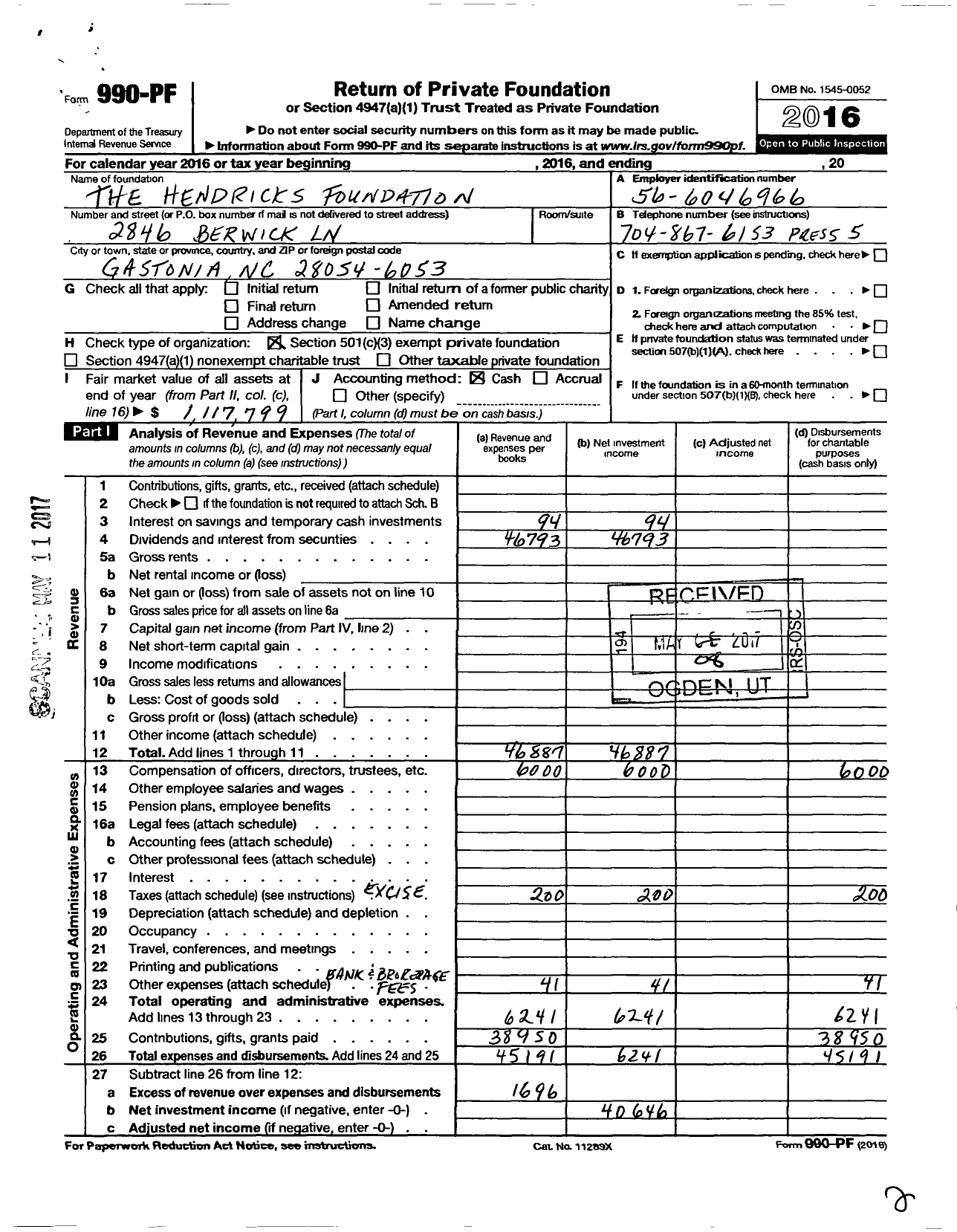 Image of first page of 2016 Form 990PF for The Hendricks-Cox Foundation