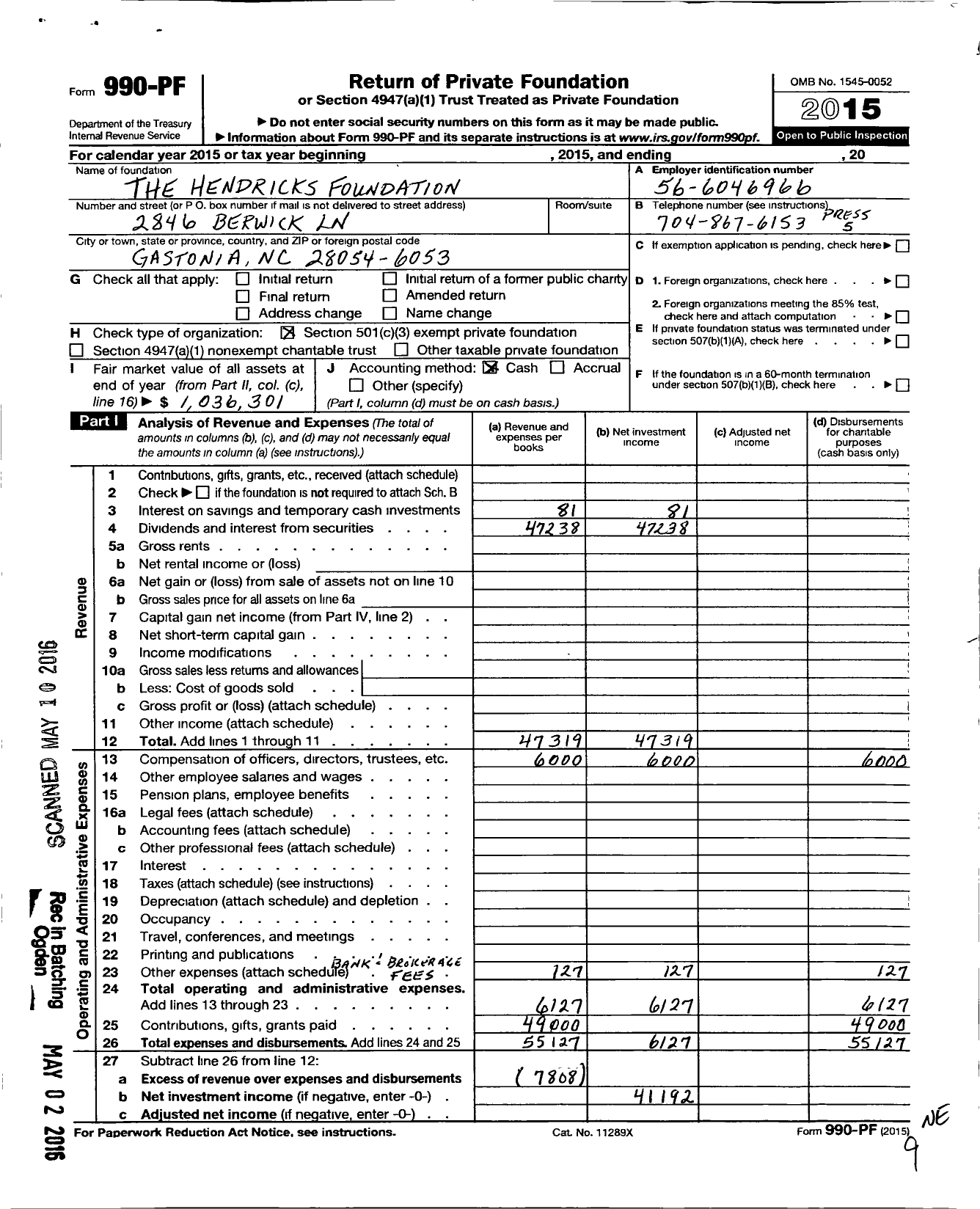 Image of first page of 2015 Form 990PF for The Hendricks-Cox Foundation