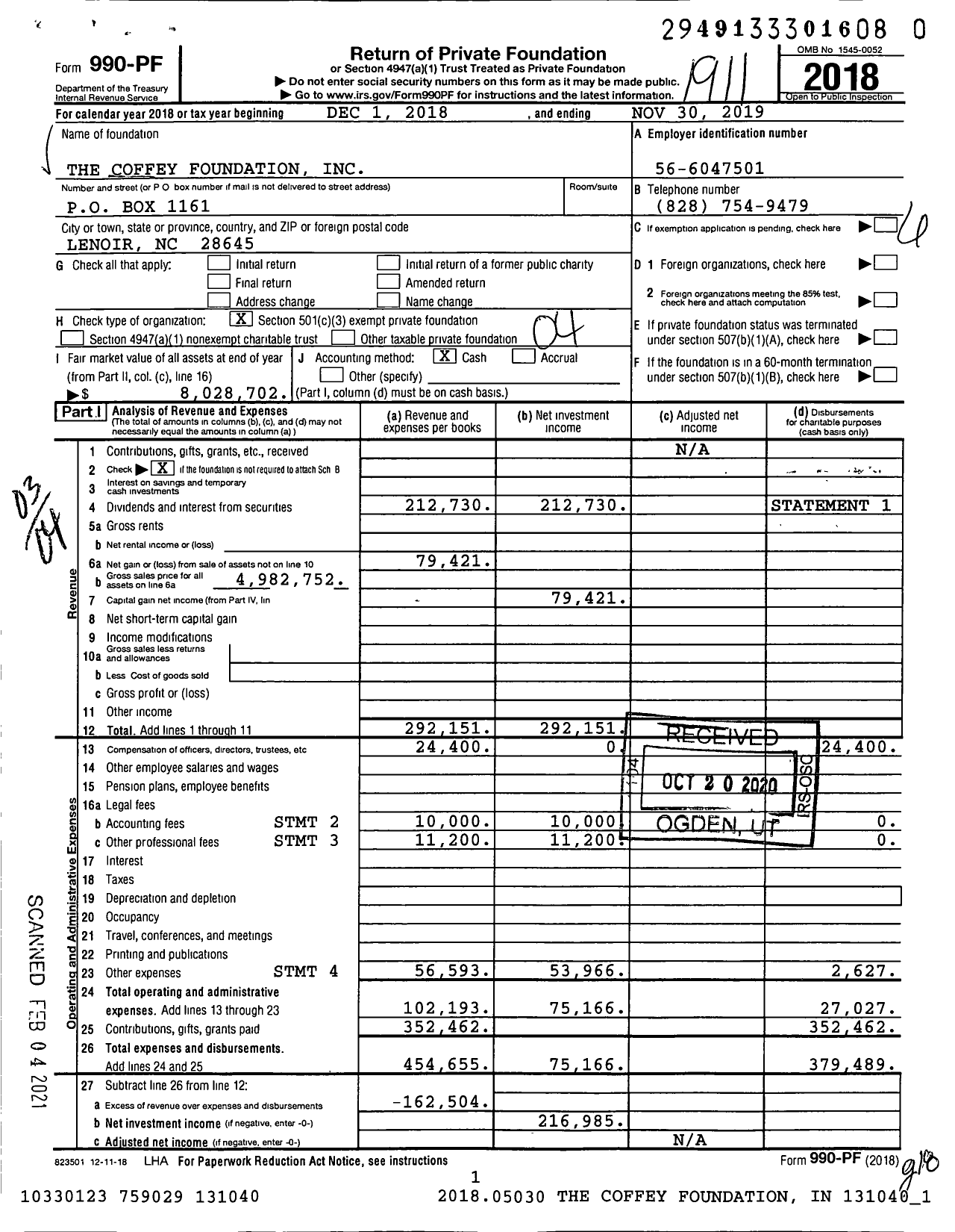 Image of first page of 2018 Form 990PF for The Coffey Foundation