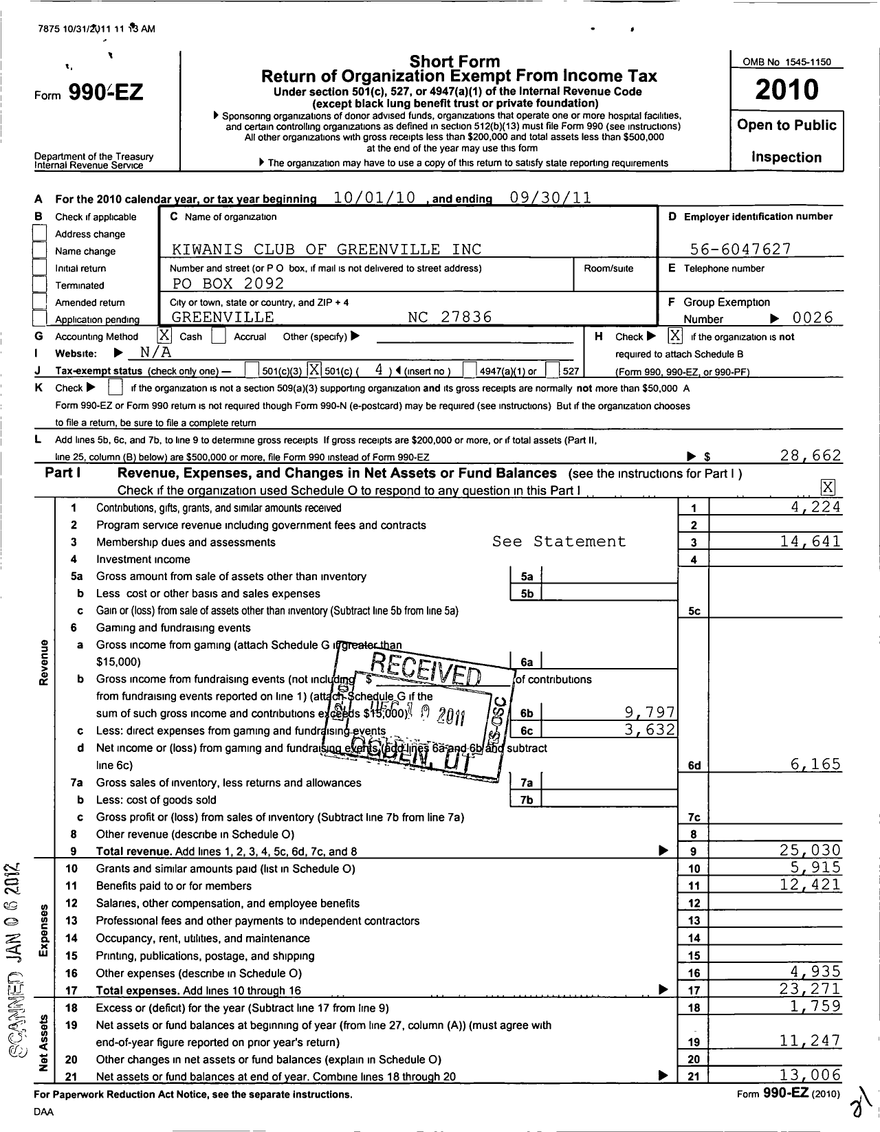 Image of first page of 2010 Form 990EO for Kiwanis International - K00547 Greenville