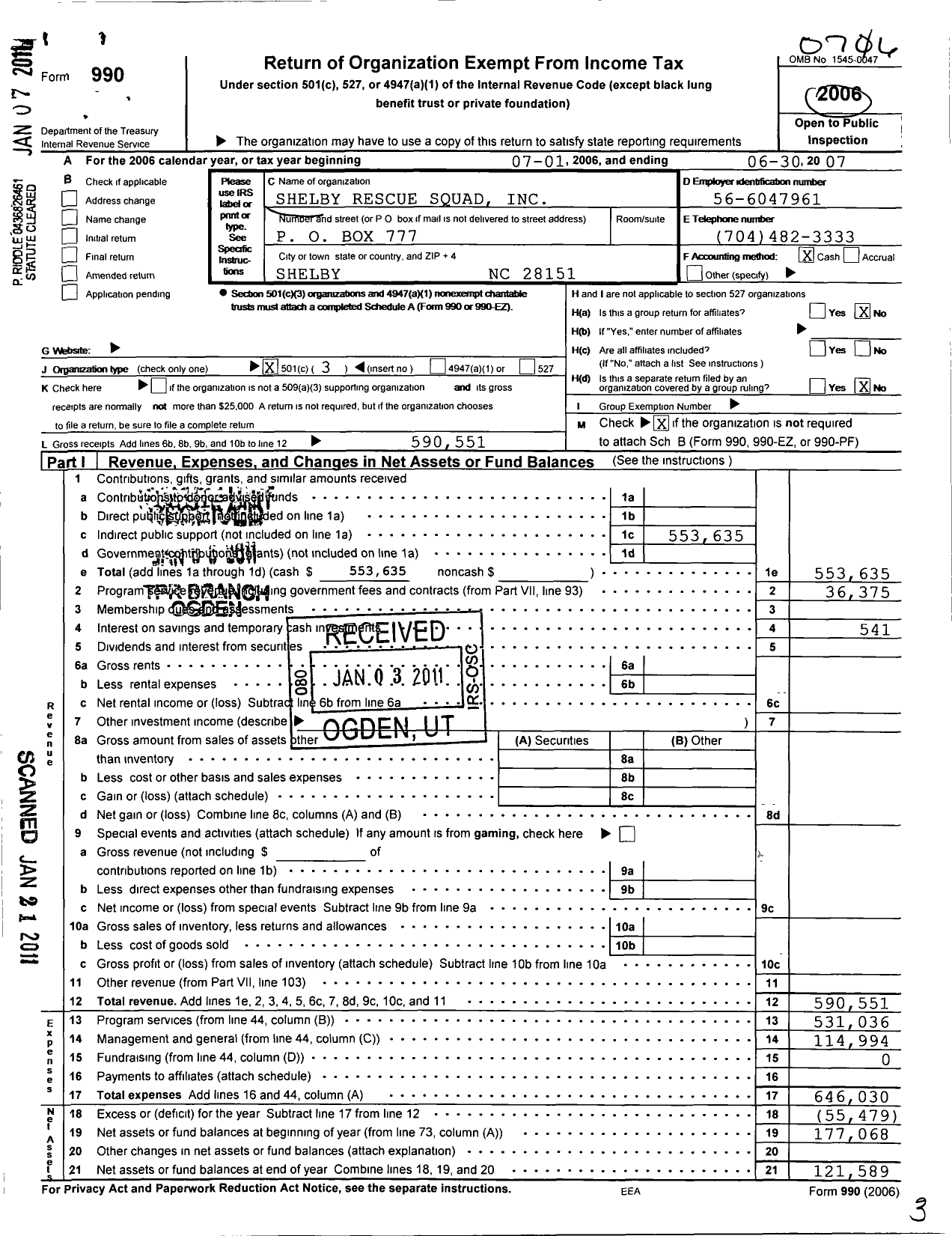 Image of first page of 2006 Form 990 for Shelby Rescue Squad