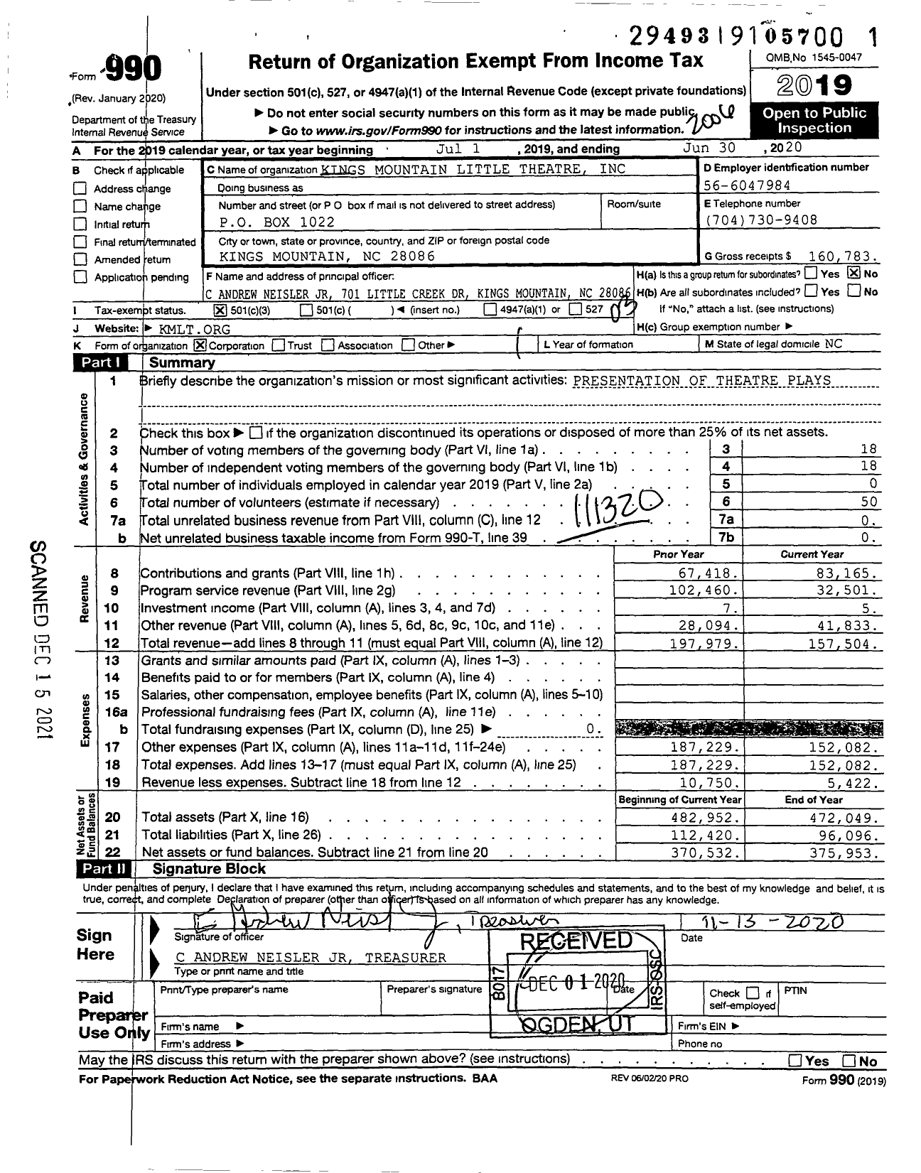 Image of first page of 2019 Form 990 for Kings Mountain Little Theatre