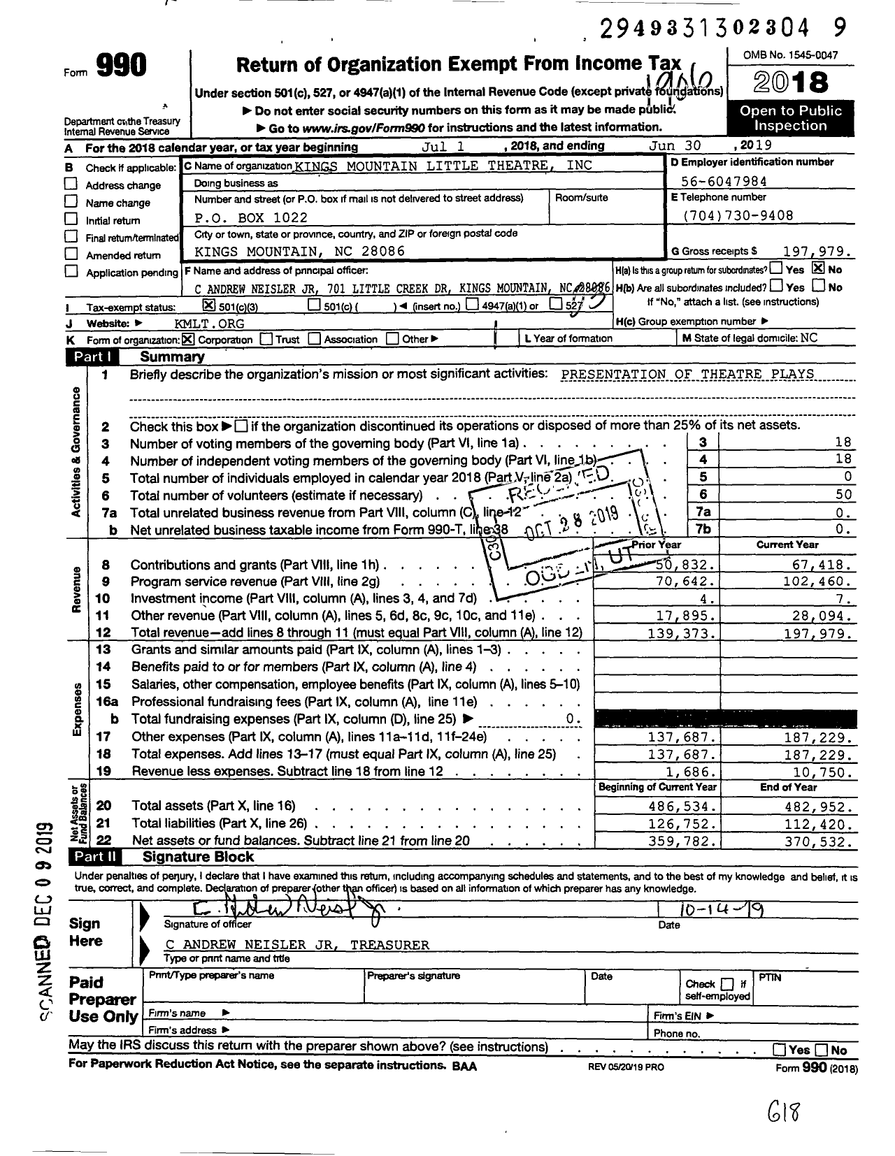 Image of first page of 2018 Form 990 for Kings Mountain Little Theatre