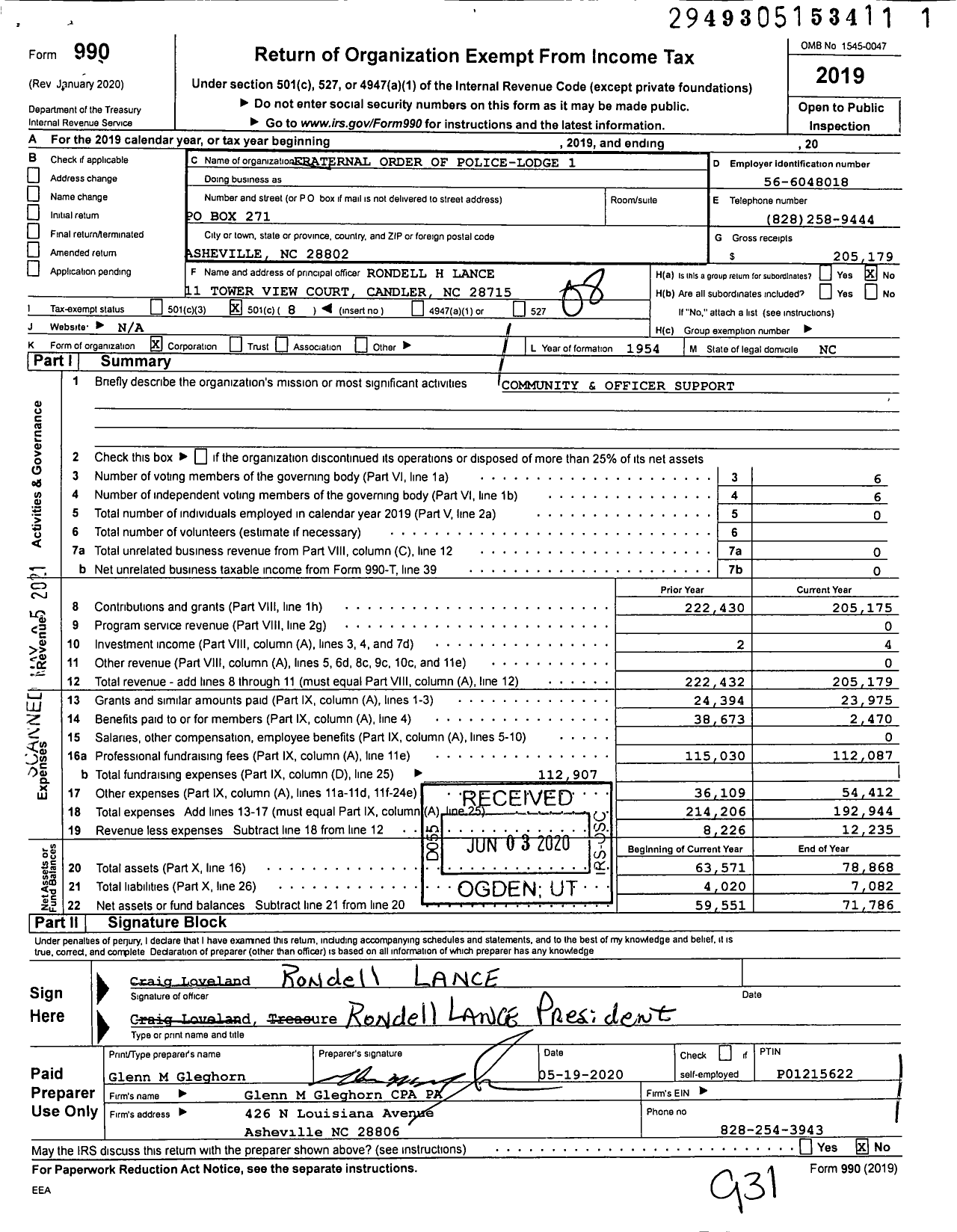 Image of first page of 2019 Form 990O for Fraternal Order of Police - 1 Harold C Enloe Lodge