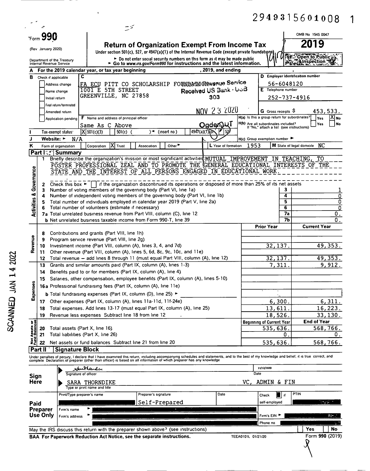 Image of first page of 2019 Form 990 for Fa Ecu Pitt Scholarship Foundation