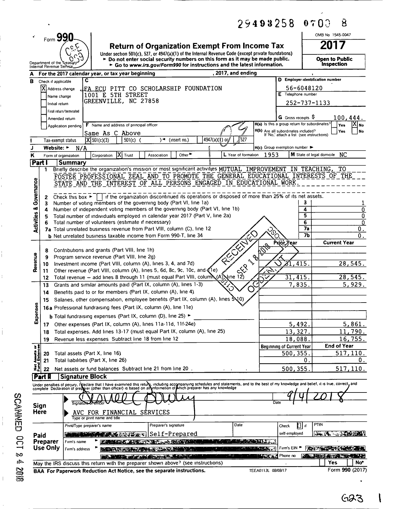 Image of first page of 2017 Form 990 for Fa Ecu Pitt Scholarship Foundation