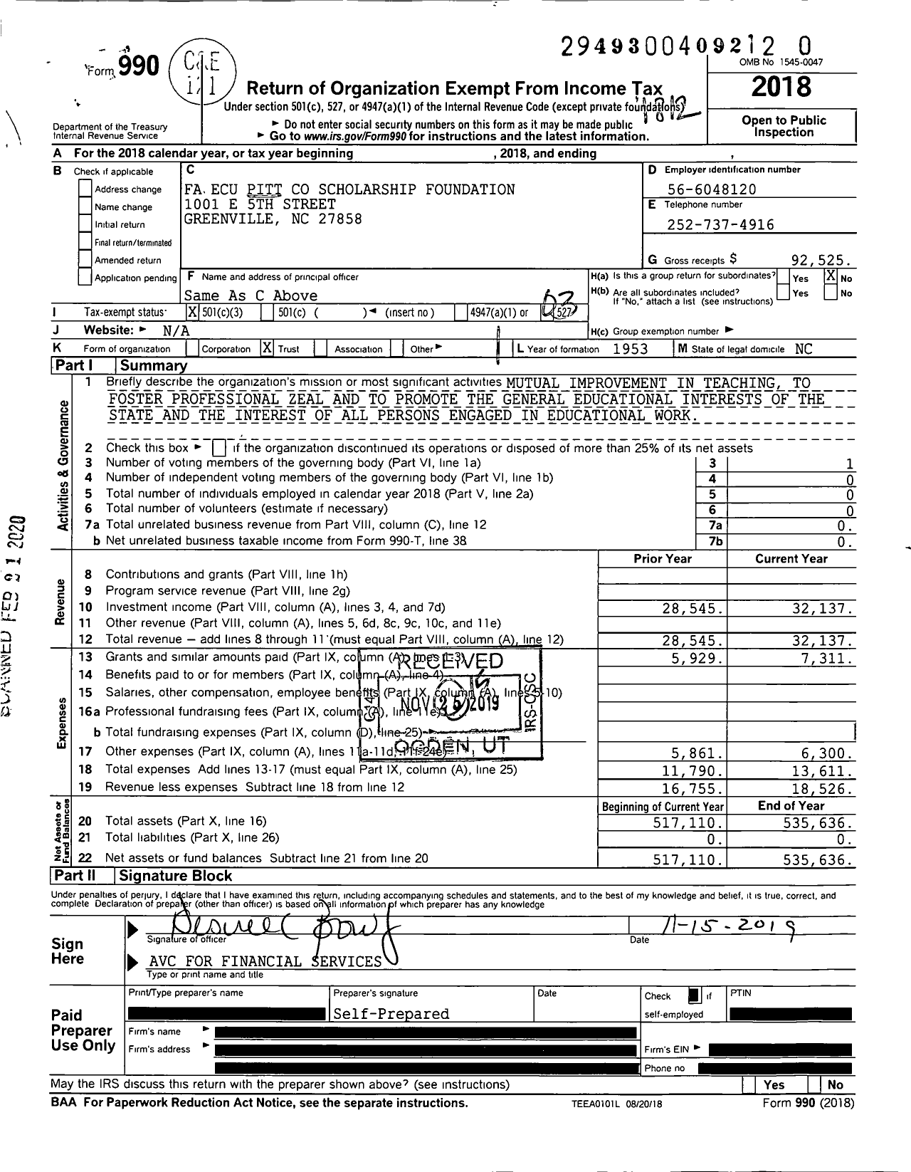 Image of first page of 2018 Form 990 for Fa Ecu Pitt Scholarship Foundation