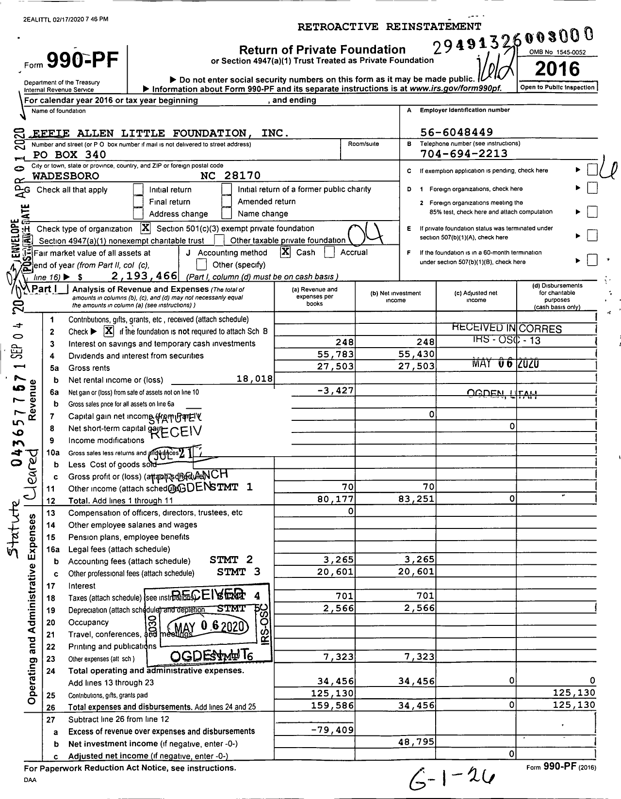 Image of first page of 2016 Form 990PF for Effie Allen Little Foundation