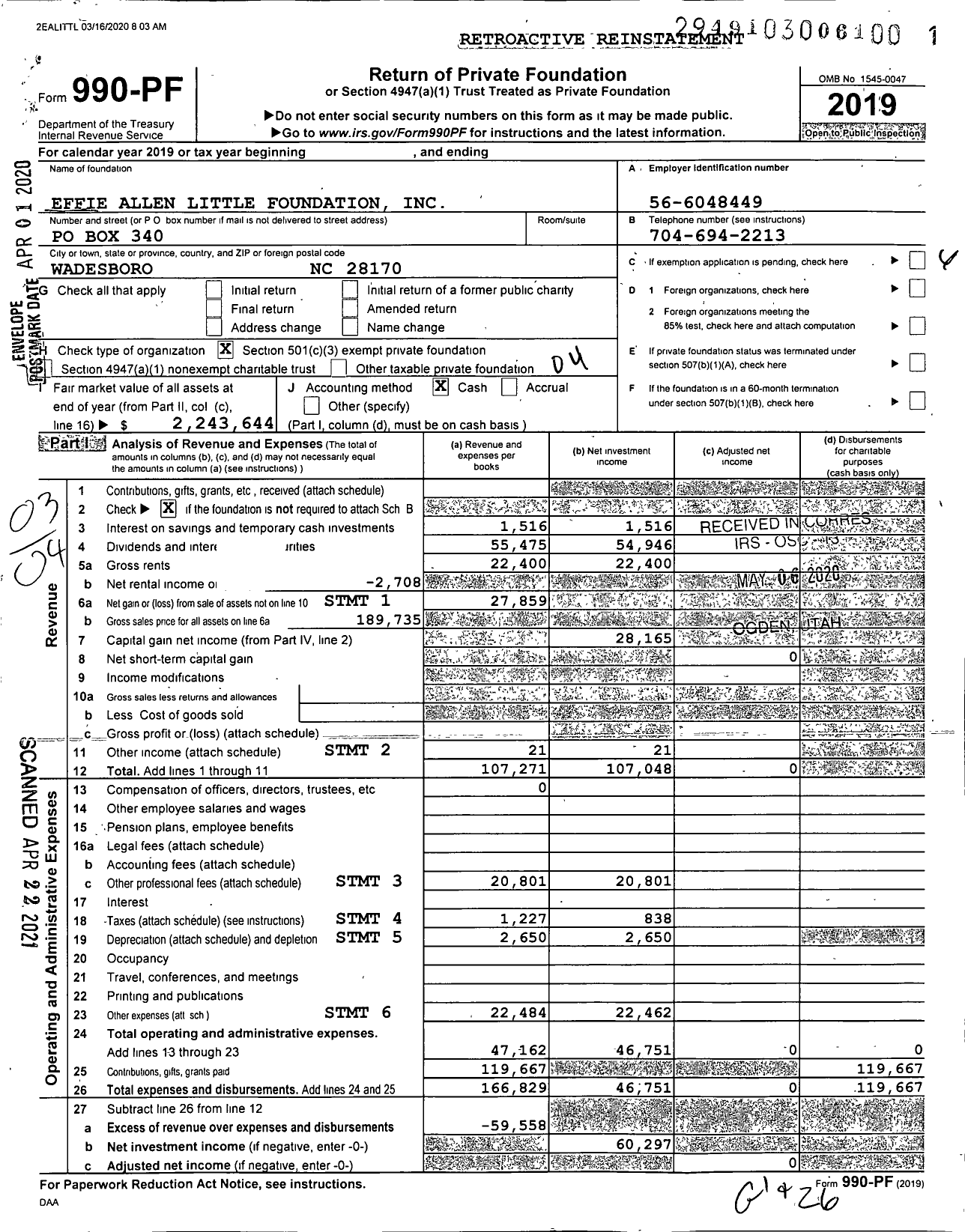 Image of first page of 2019 Form 990PF for Effie Allen Little Foundation