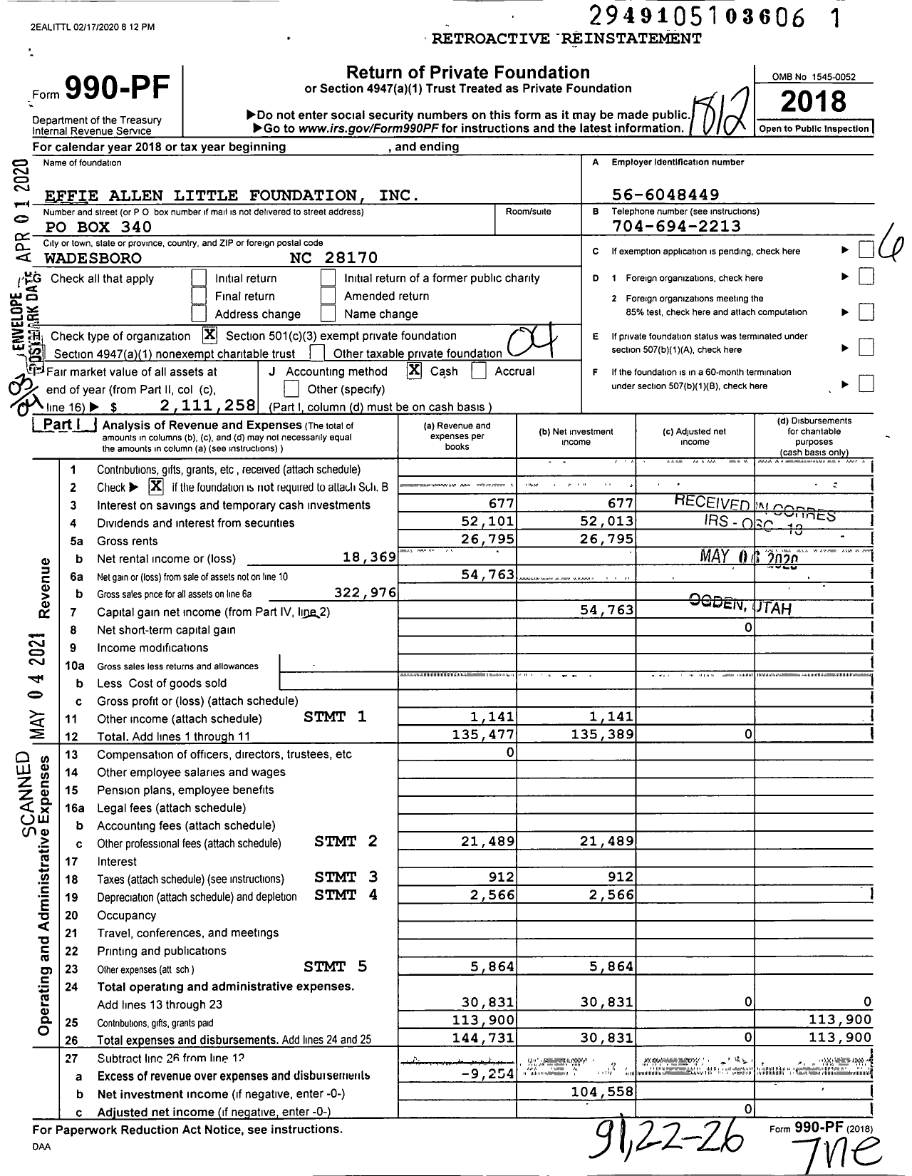 Image of first page of 2018 Form 990PF for Effie Allen Little Foundation