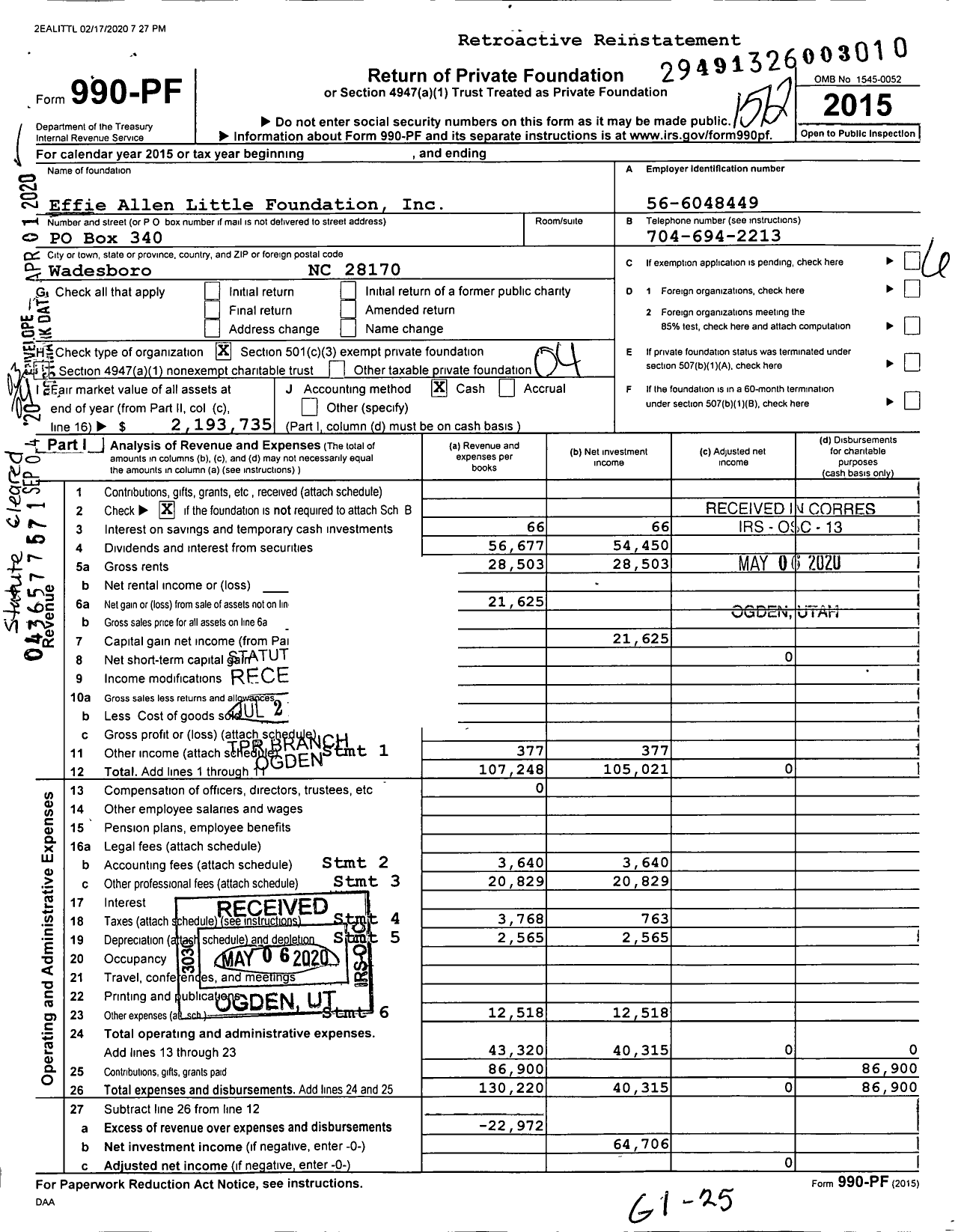 Image of first page of 2015 Form 990PF for Effie Allen Little Foundation