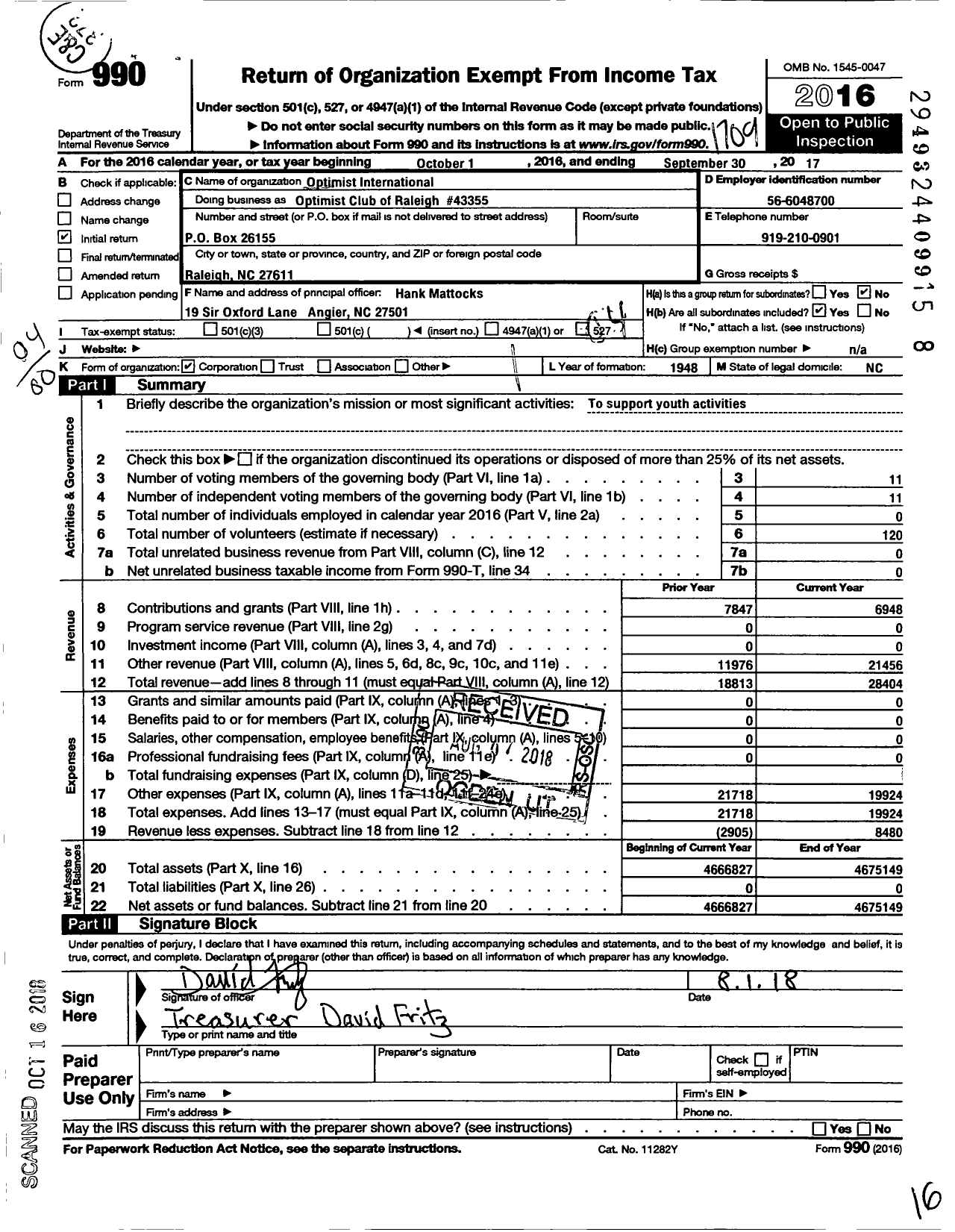 Image of first page of 2016 Form 990O for Optimist International - 43355 Oc of Raleigh NC