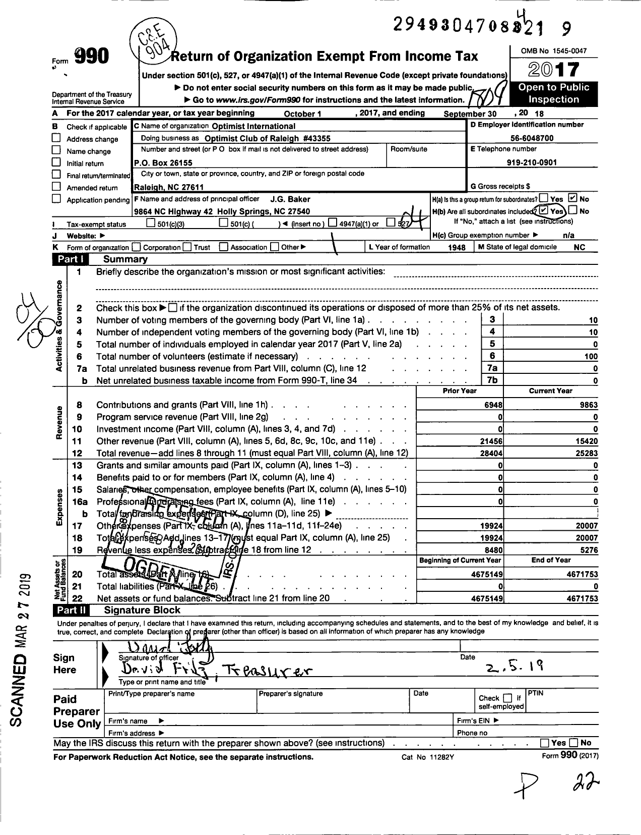 Image of first page of 2017 Form 990O for Optimist International - 43355 Oc of Raleigh NC