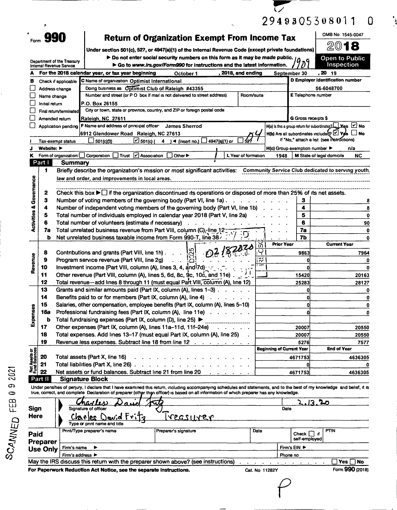 Image of first page of 2018 Form 990O for Optimist International - 43355 Oc of Raleigh NC