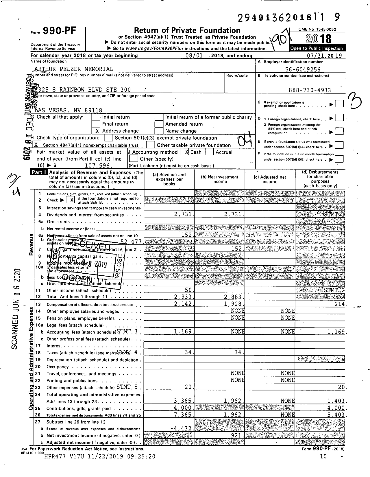 Image of first page of 2018 Form 990PR for Arthur Pelzer Memorial