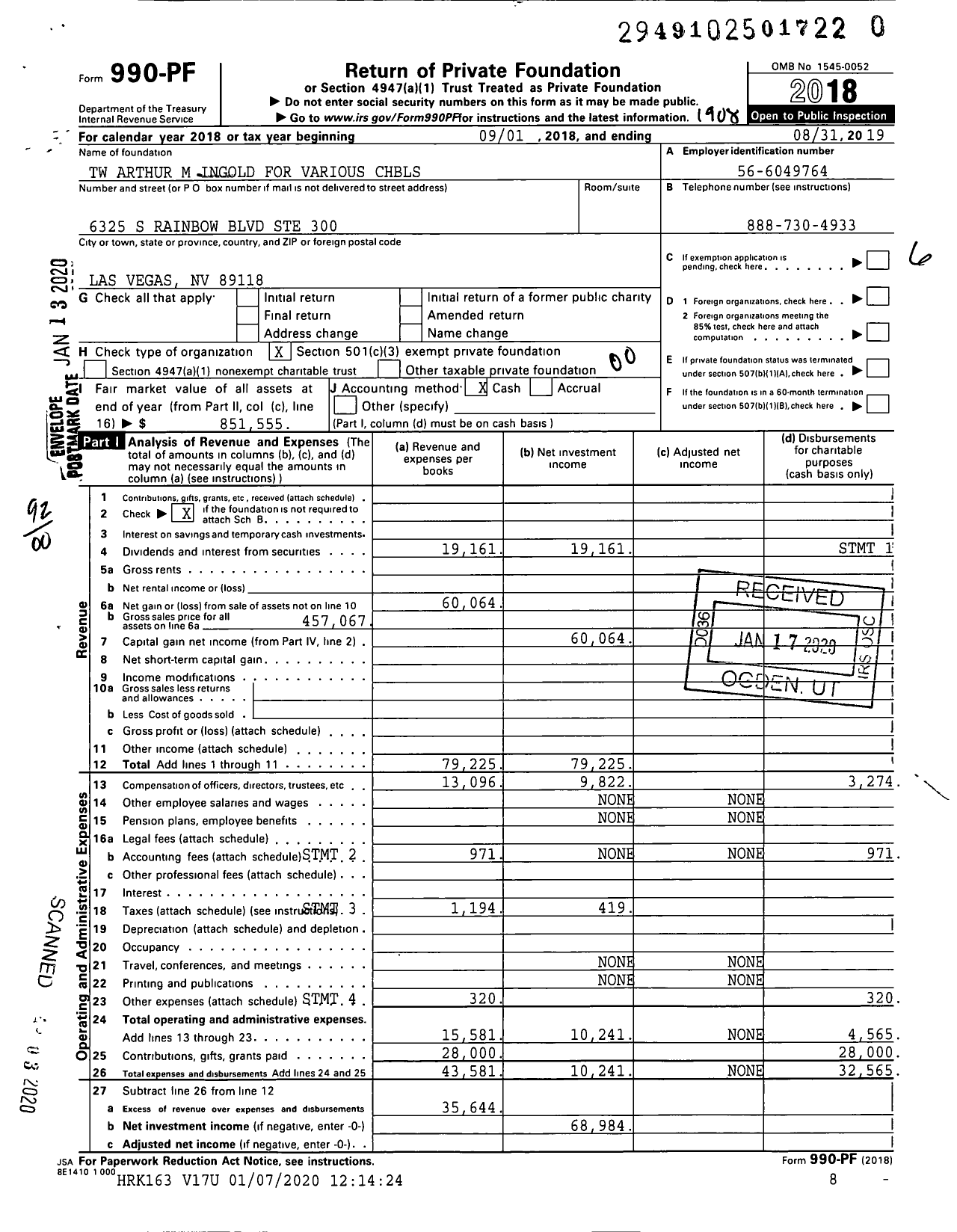 Image of first page of 2018 Form 990PR for TW Arthur M Ingold for Various CHBLS